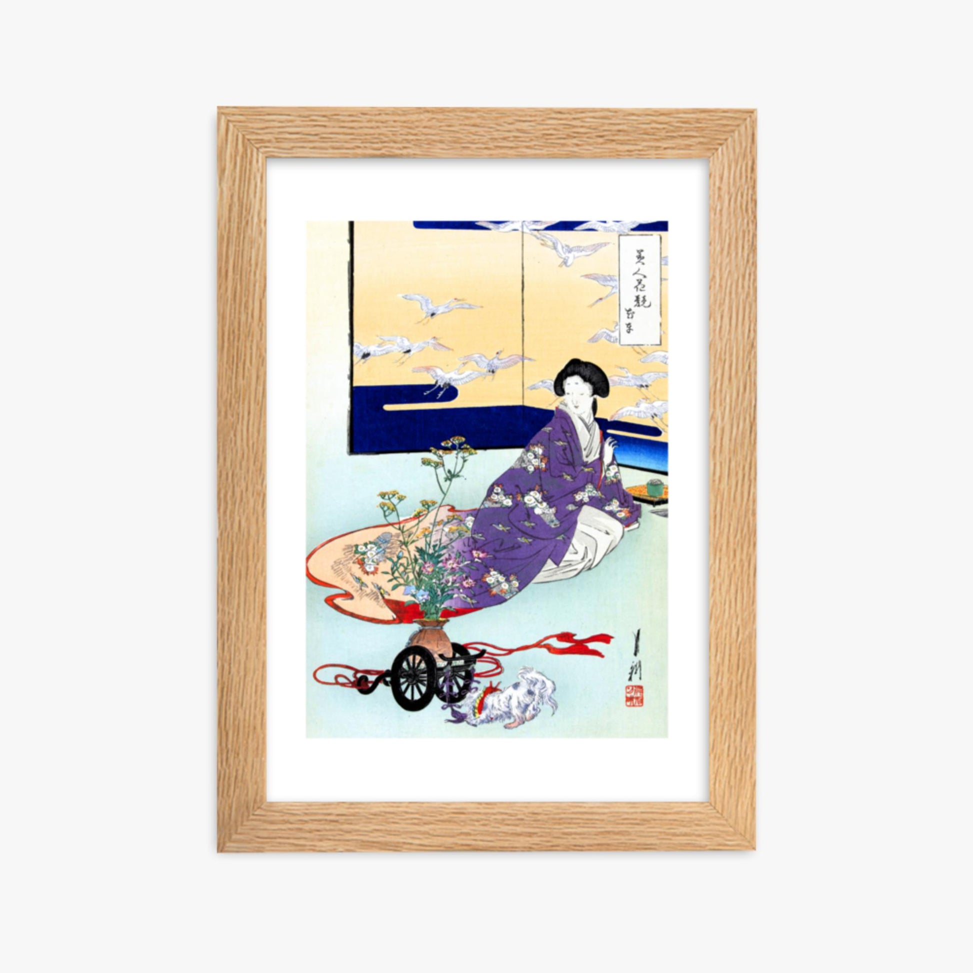 Ogata Gekko - Dog Playing with Flower Cart 21x30 cm Poster With Oak Frame