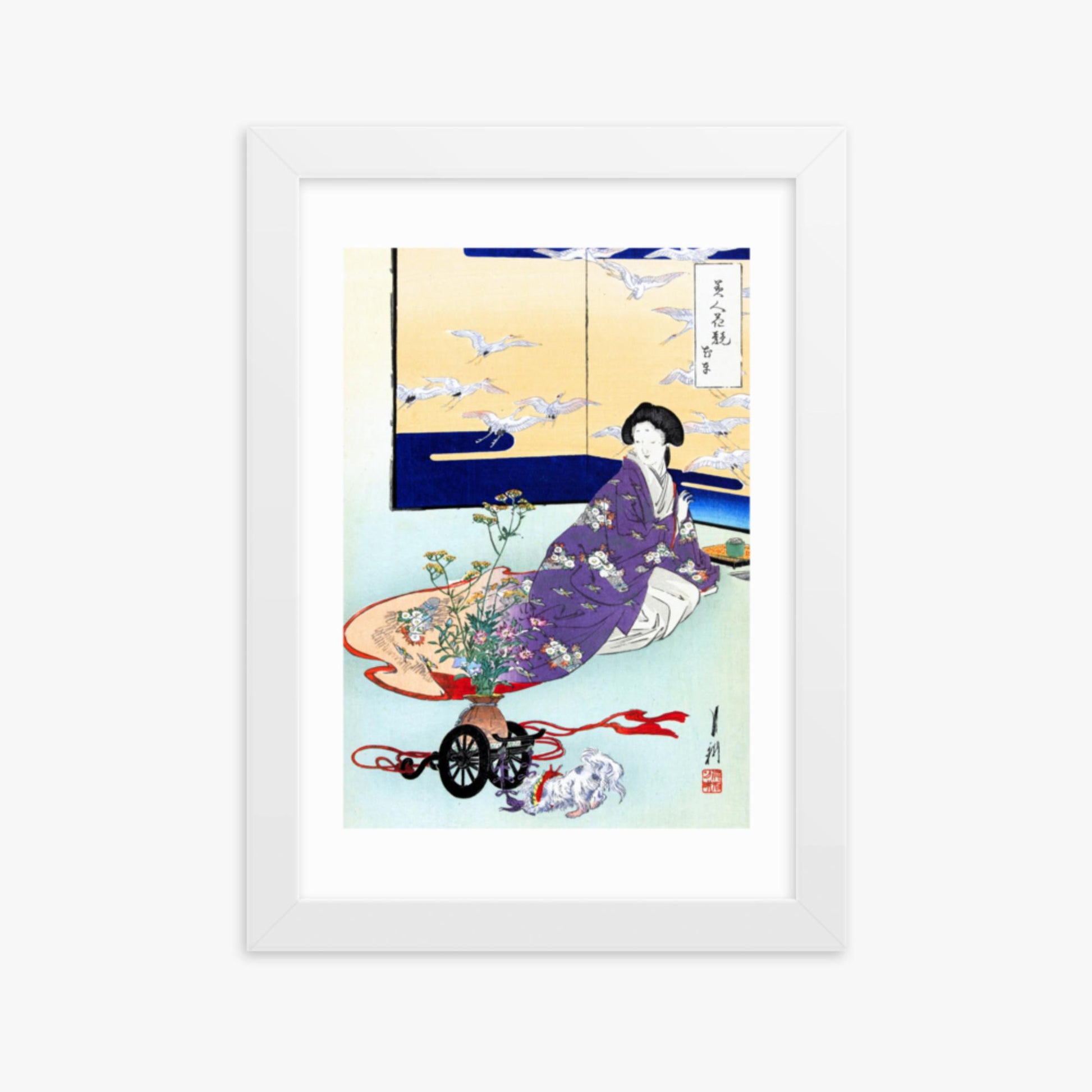 Ogata Gekko - Dog Playing with Flower Cart 21x30 cm Poster With White Frame