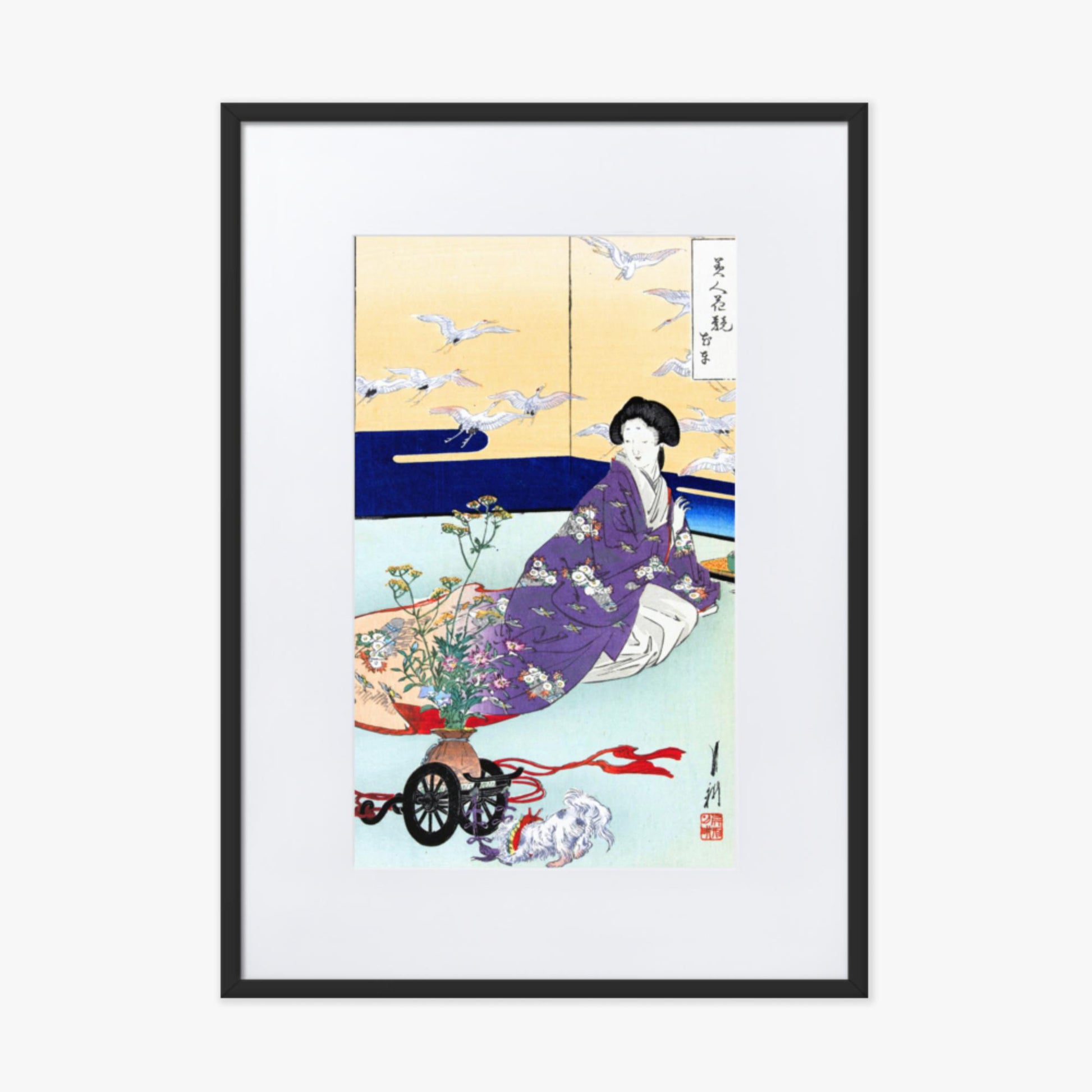 Ogata Gekko - Dog Playing with Flower Cart 50x70 cm Poster With Black Frame