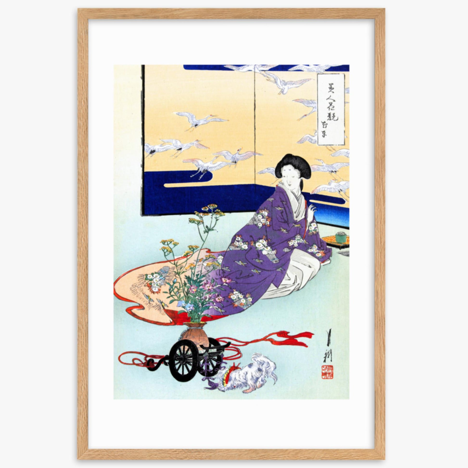 Ogata Gekko - Dog Playing with Flower Cart 61x91 cm Poster With Oak Frame