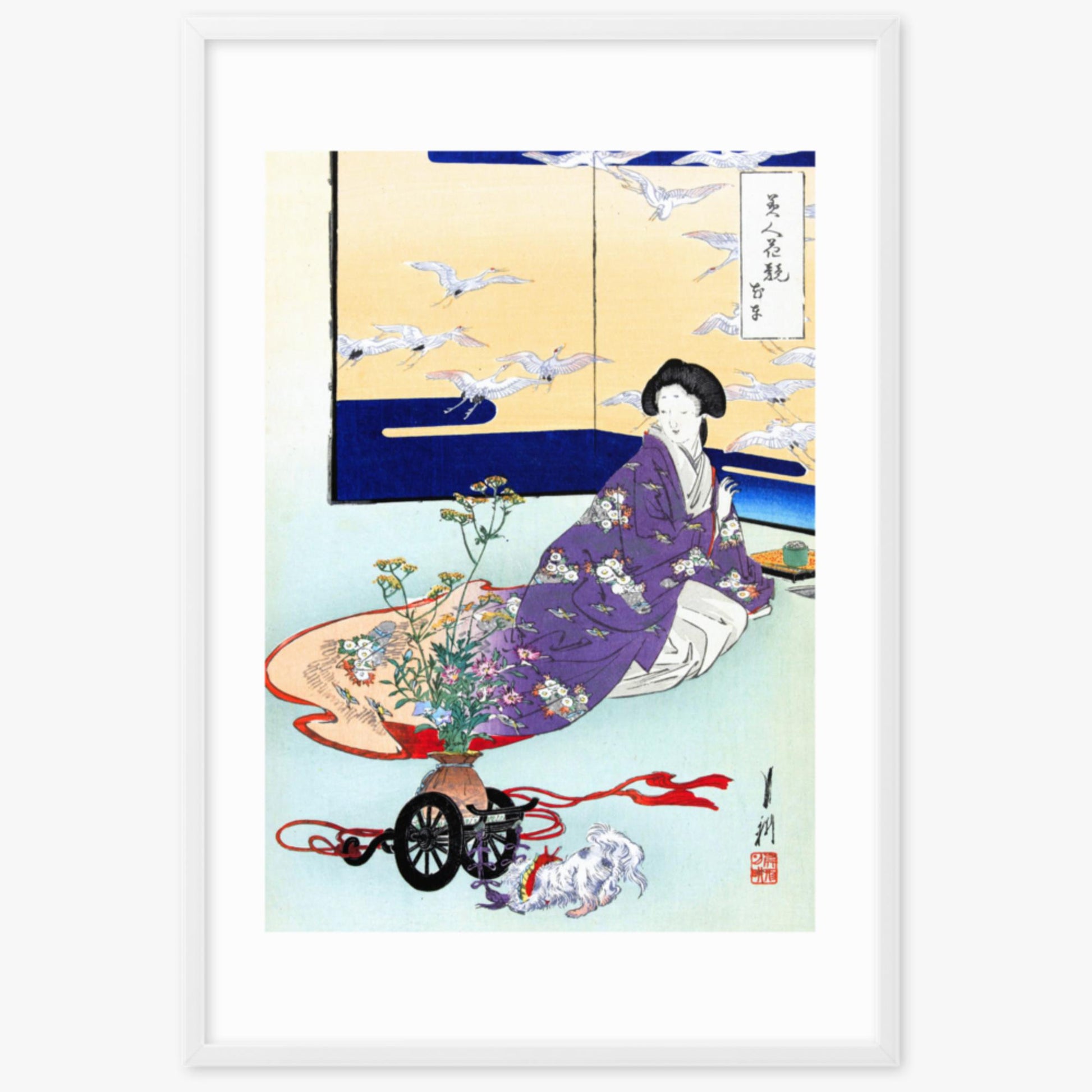 Ogata Gekko - Dog Playing with Flower Cart 61x91 cm Poster With White Frame