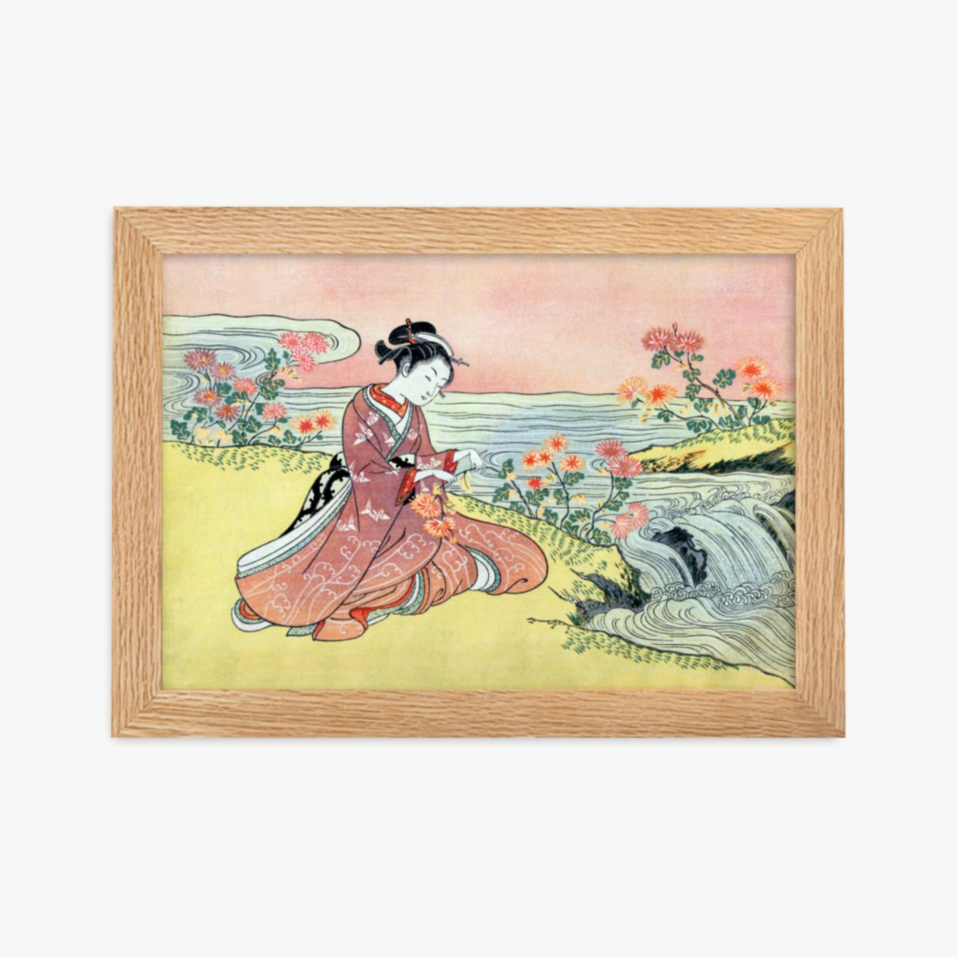 Suzuki Harunobu - Woman Picking Chrysanthemum 21x30 cm Poster With Oak Frame