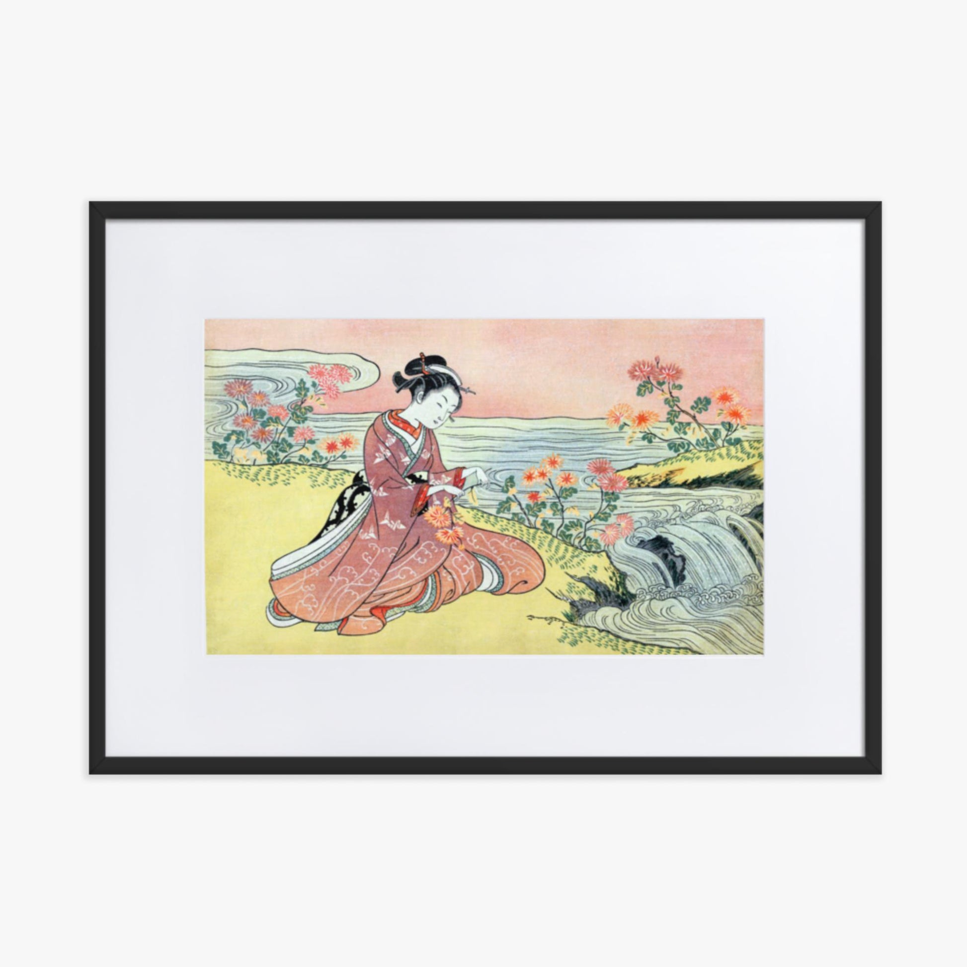 Suzuki Harunobu - Woman Picking Chrysanthemum 50x70 cm Poster With Black Frame