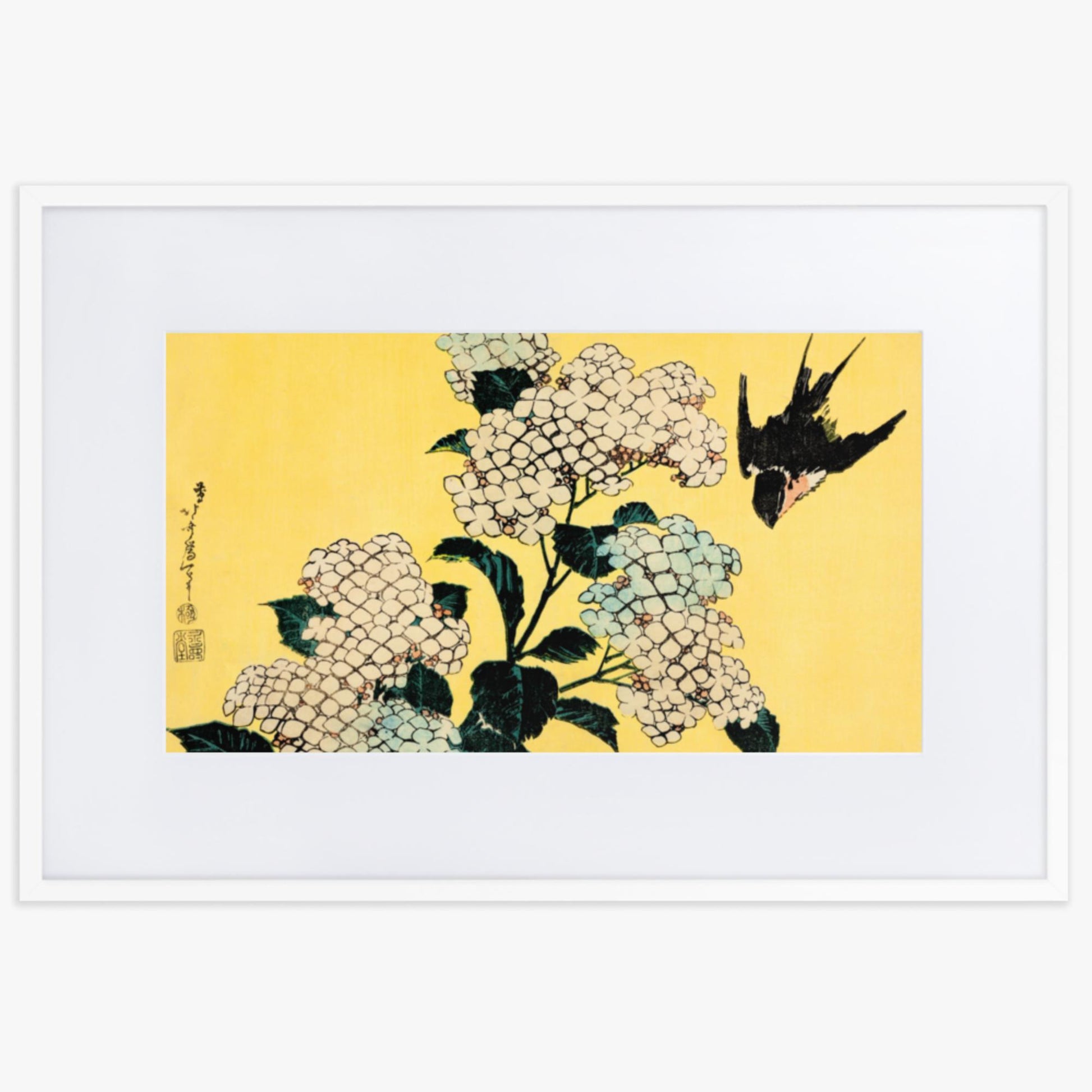 Katsushika Hokusai - Hydrangea and Swallow 61x91 cm Poster With White Frame