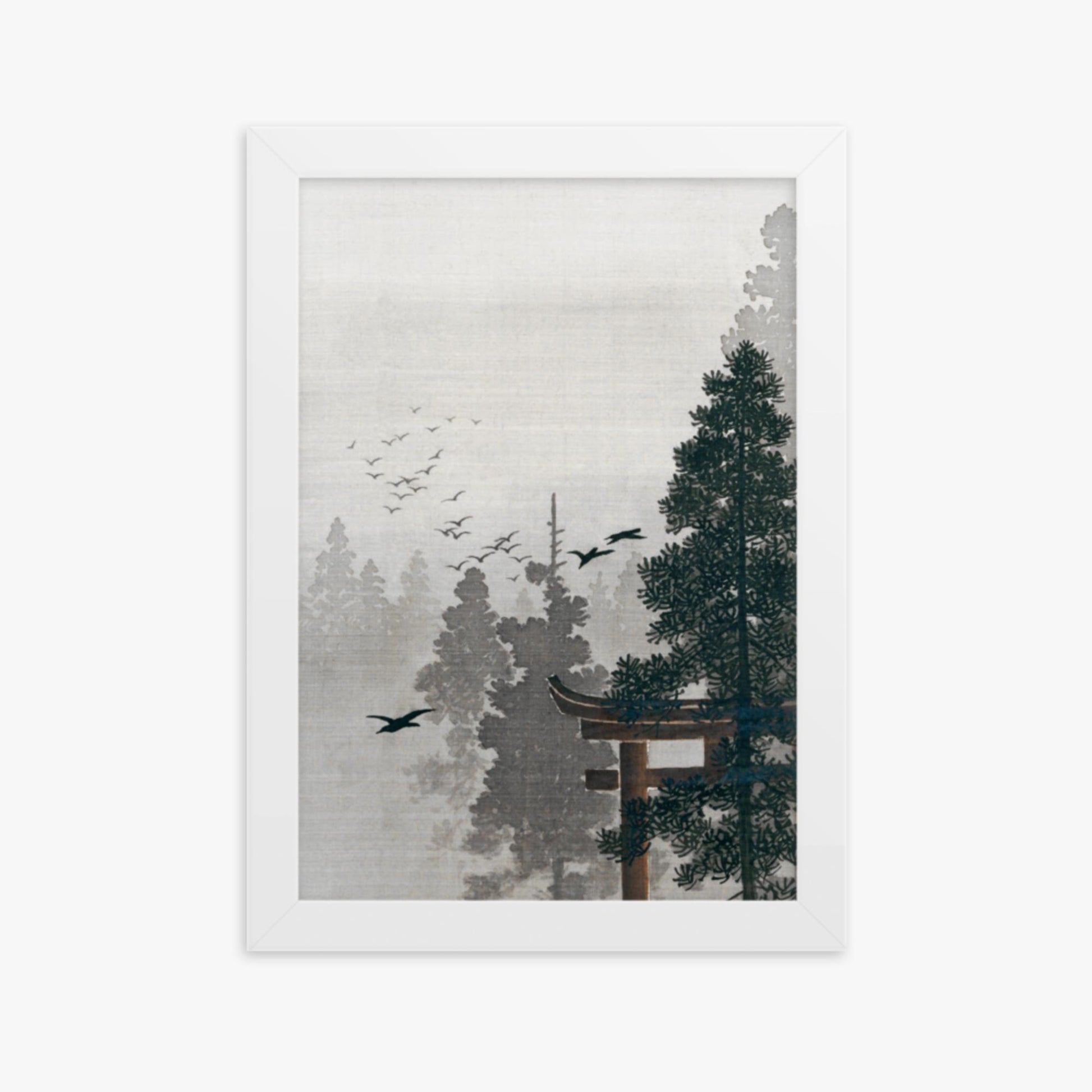 Ohara Koson - Flock of Birds and a Torii Gate in a Pine Tree Forest 21x30 cm Poster With White Frame