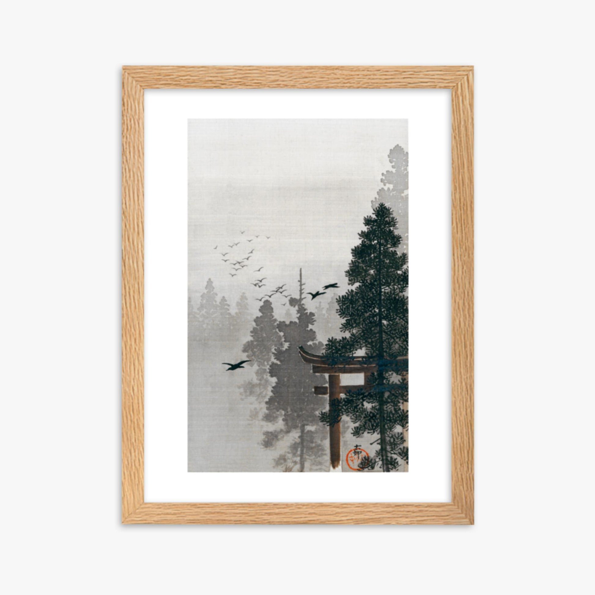 Ohara Koson - Flock of Birds and a Torii Gate in a Pine Tree Forest 30x40 cm Poster With Oak Frame