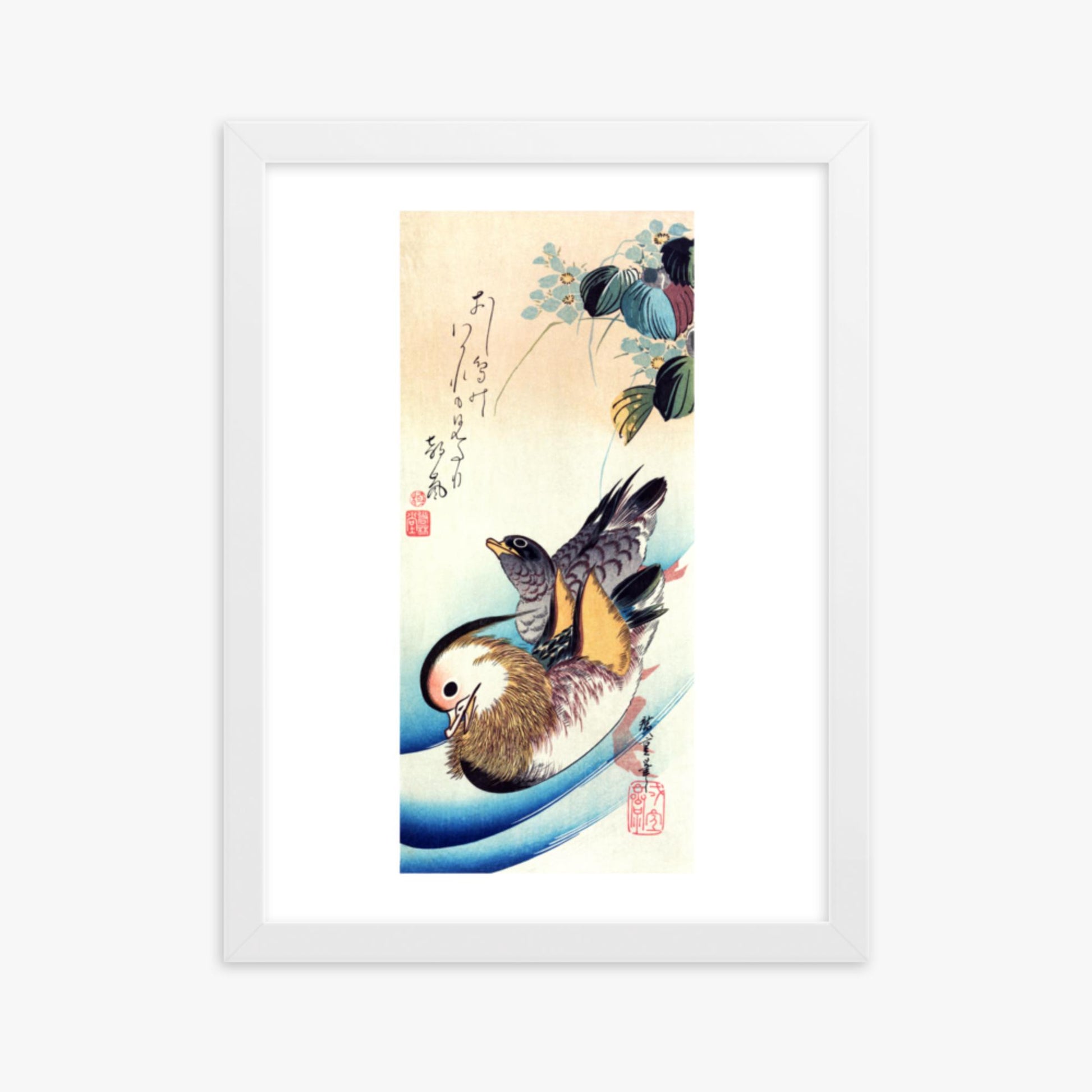 Utagawa Hiroshige - Two Mandarin Ducks 30x40 cm Poster With White Frame