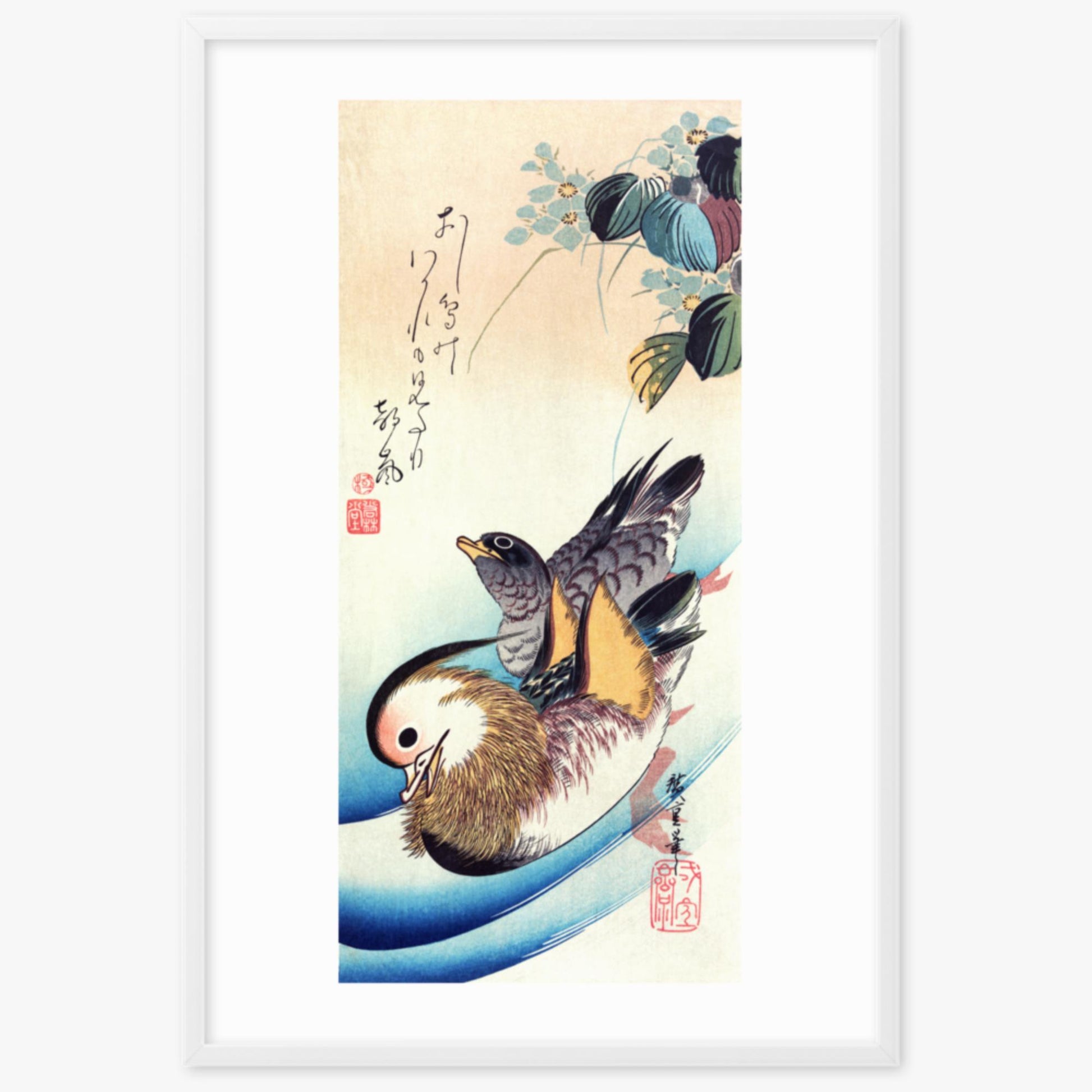 Utagawa Hiroshige - Two Mandarin Ducks 61x91 cm Poster With White Frame