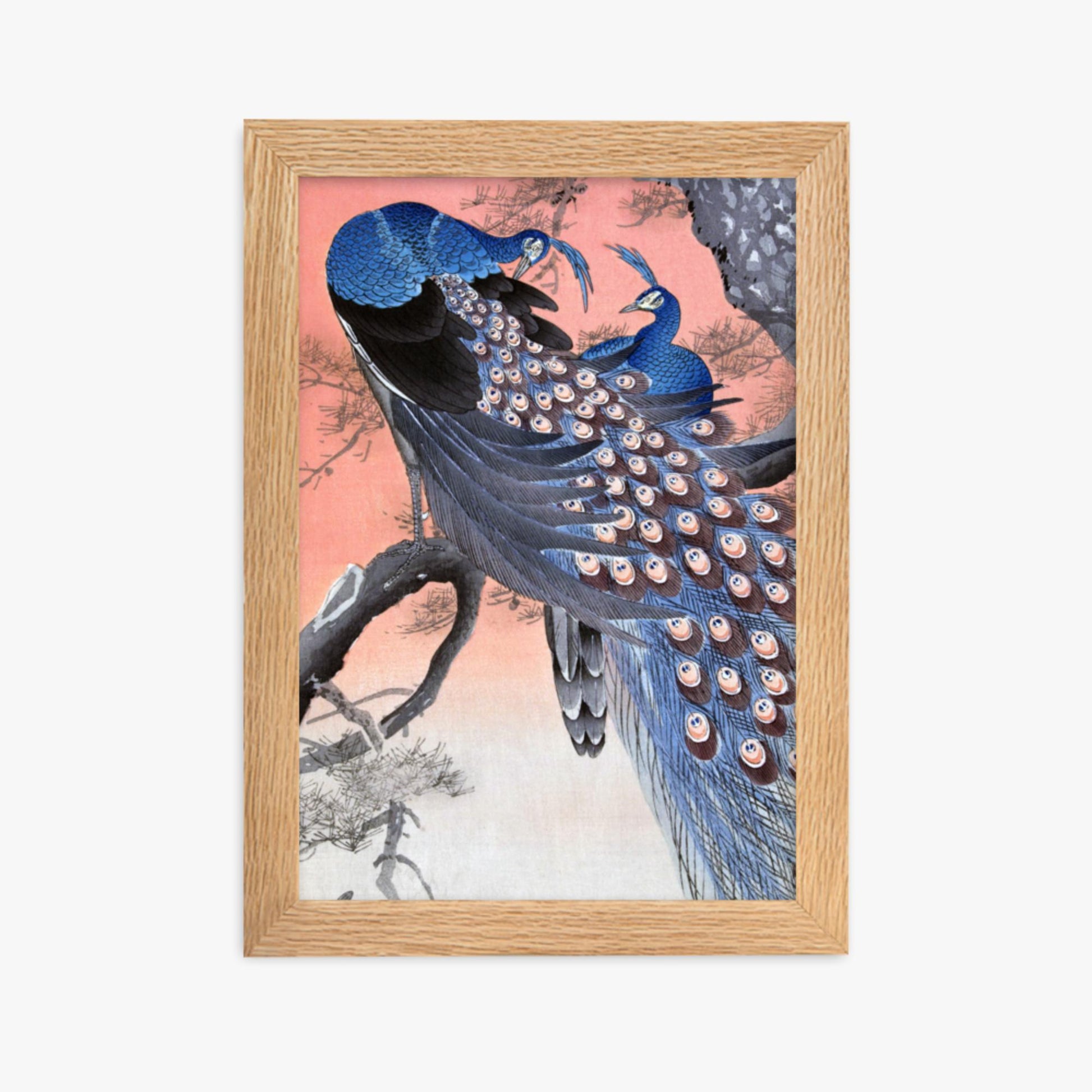 Ohara Koson - Two Peacocks on Tree Branch 21x30 cm Poster With Oak Frame