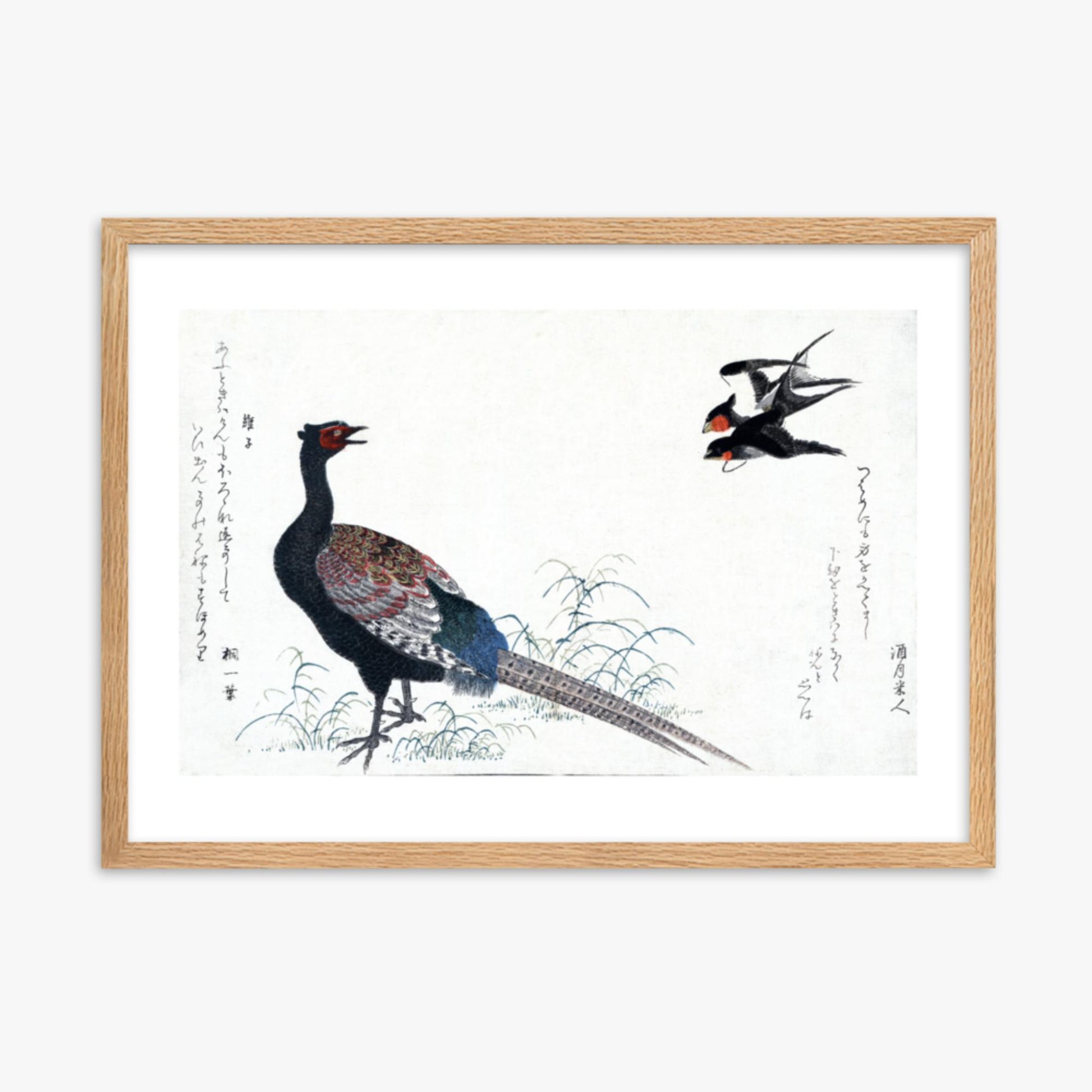 Utamaro Kitagawa - Swallows and Pheasant 50x70 cm Poster With Oak Frame