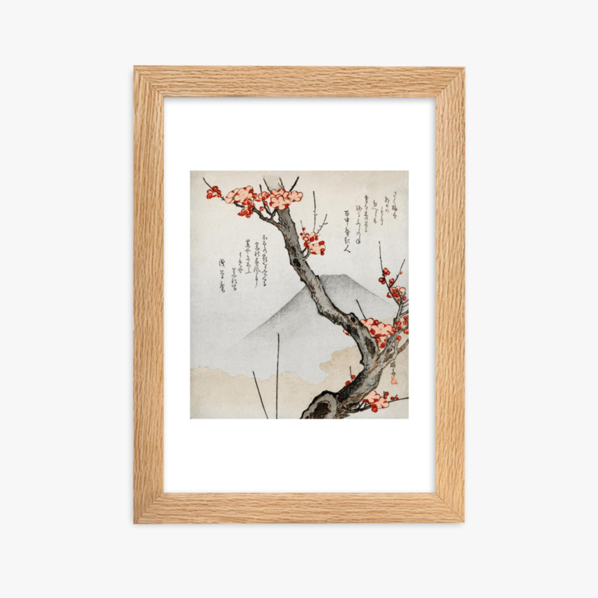 Teisai Hokuba - Mount Fuji and a Flowering Plum 21x30 cm Poster With Oak Frame