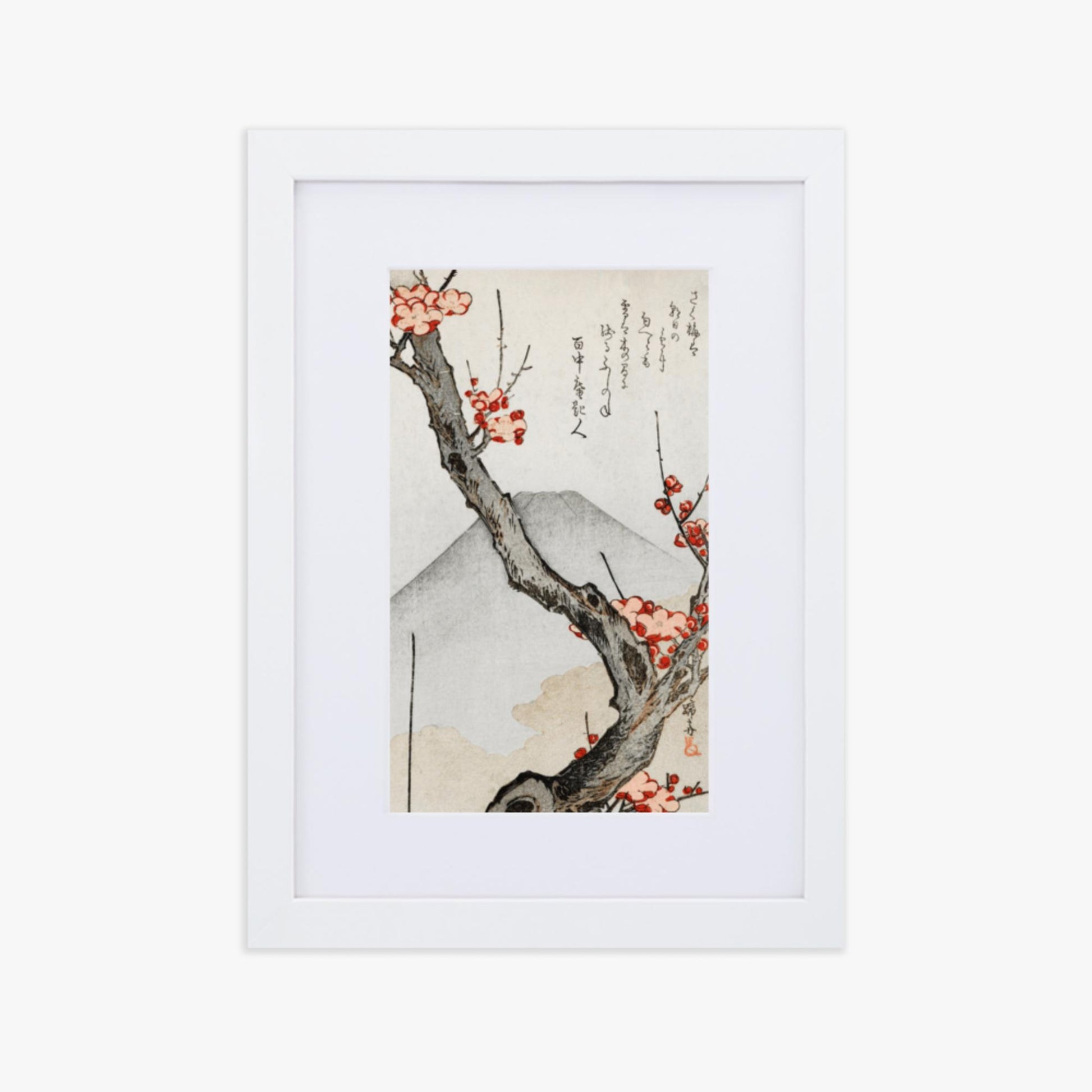 Teisai Hokuba - Mount Fuji and a Flowering Plum 21x30 cm Poster With White Frame