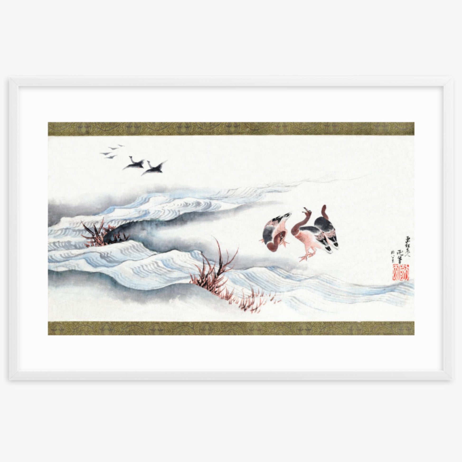 Katsushika Hokusai - Wild Geese and Water 61x91 cm Poster With White Frame