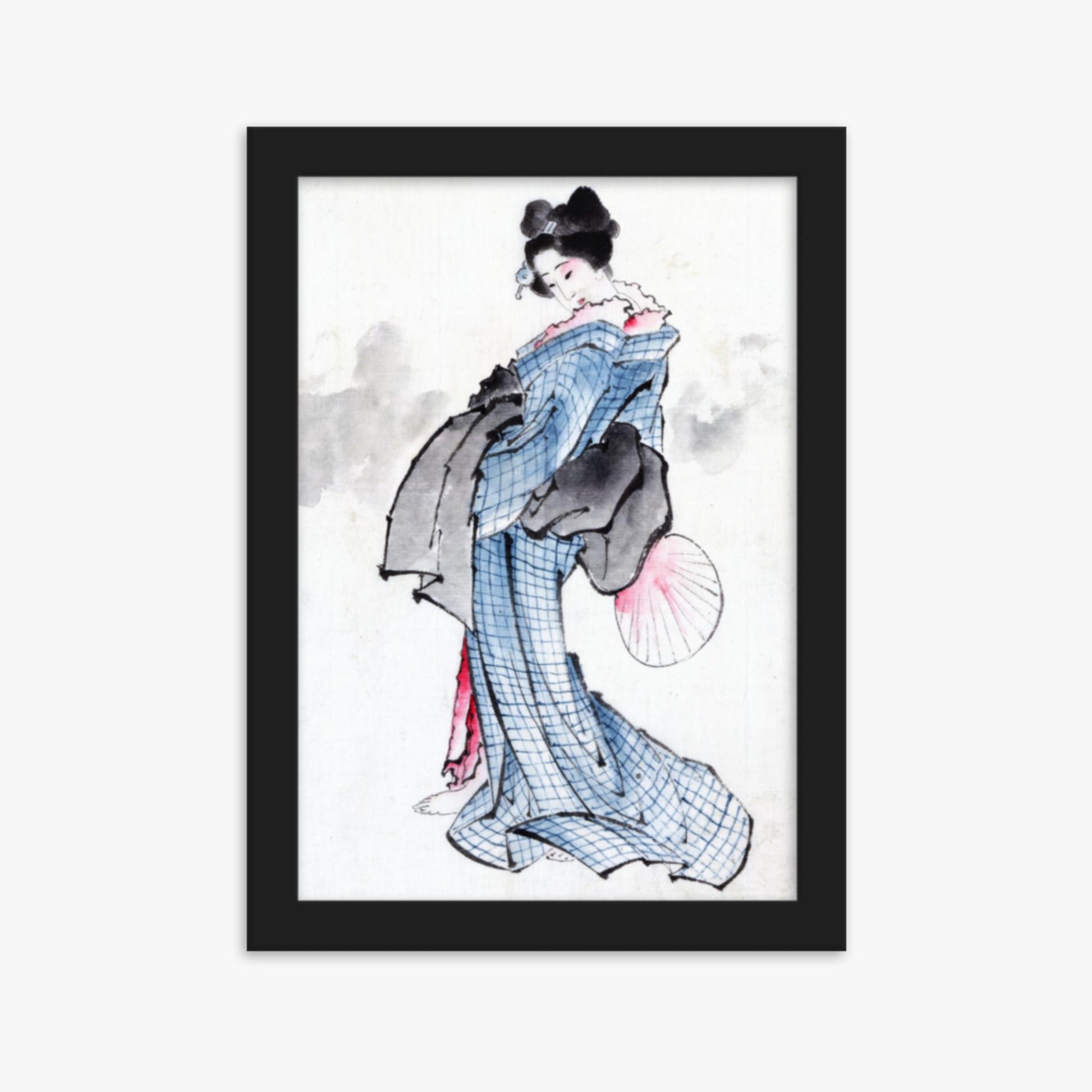 Katsushika Hokusai - Illustration of a Japanese Woman in Kimono 21x30 cm Poster With Black Frame