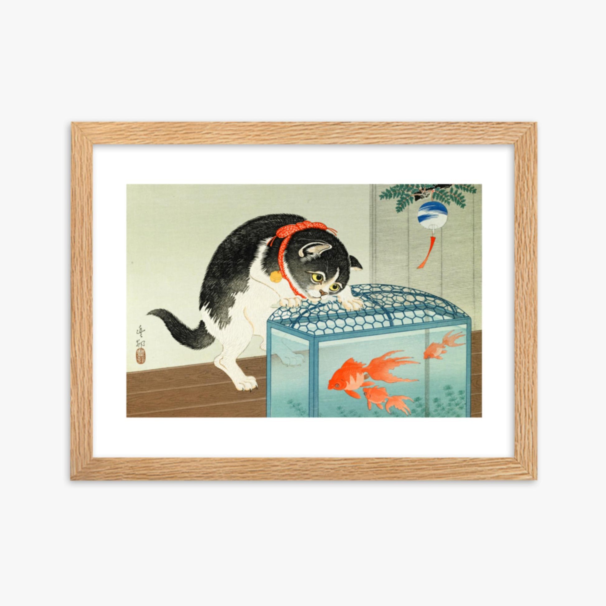 Ohara Koson: Cat and Goldfish - 30x40 cm Poster With Oak Frame