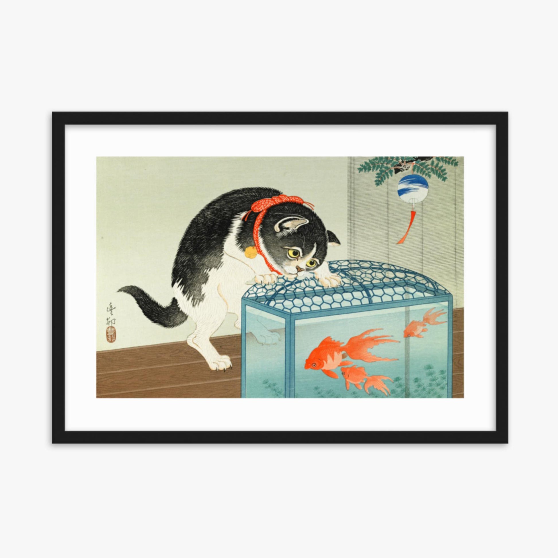 Ohara Koson: Cat and Goldfish - 50x70 cm Poster With Black Frame