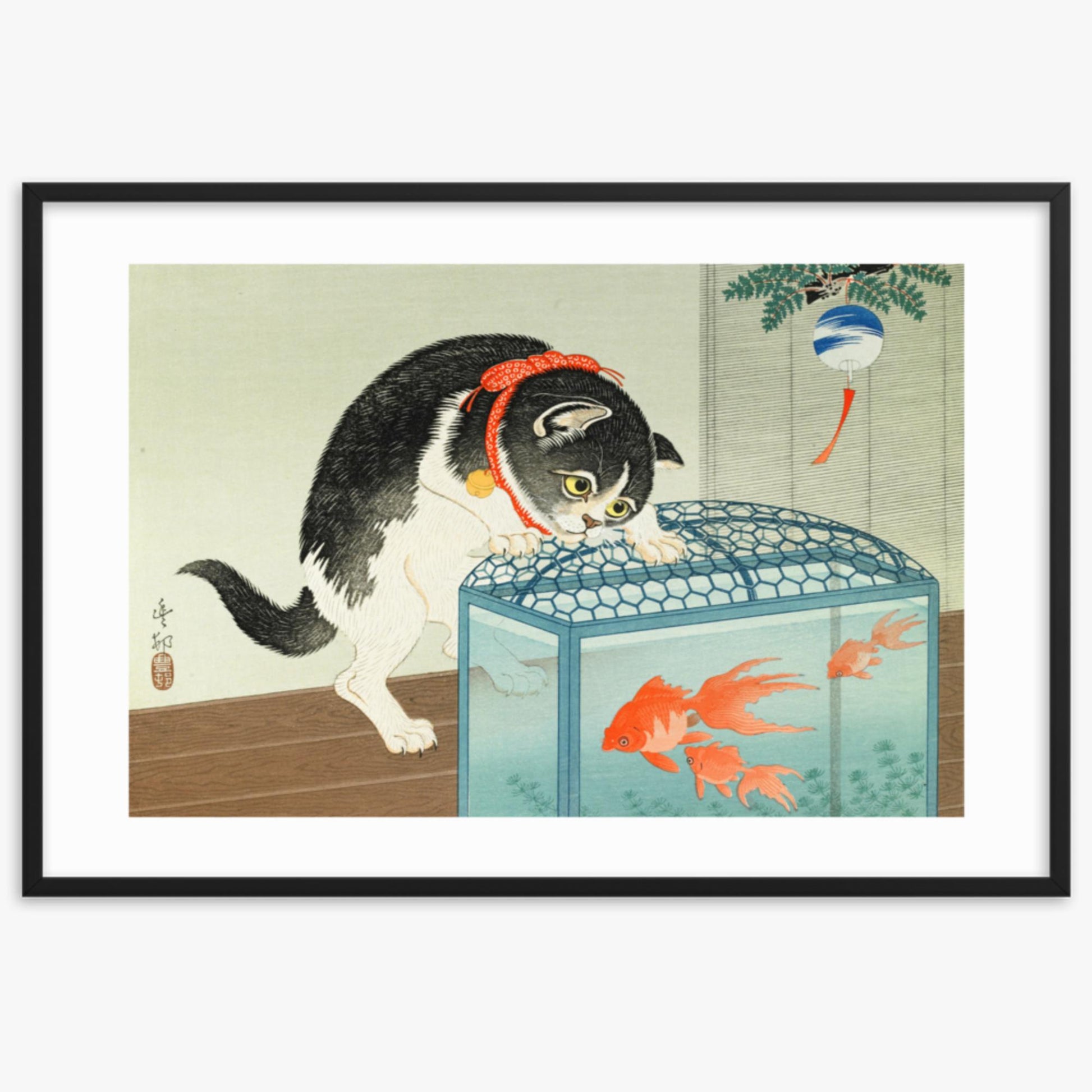 Ohara Koson: Cat and Goldfish - 61x91 cm Poster With Black Frame