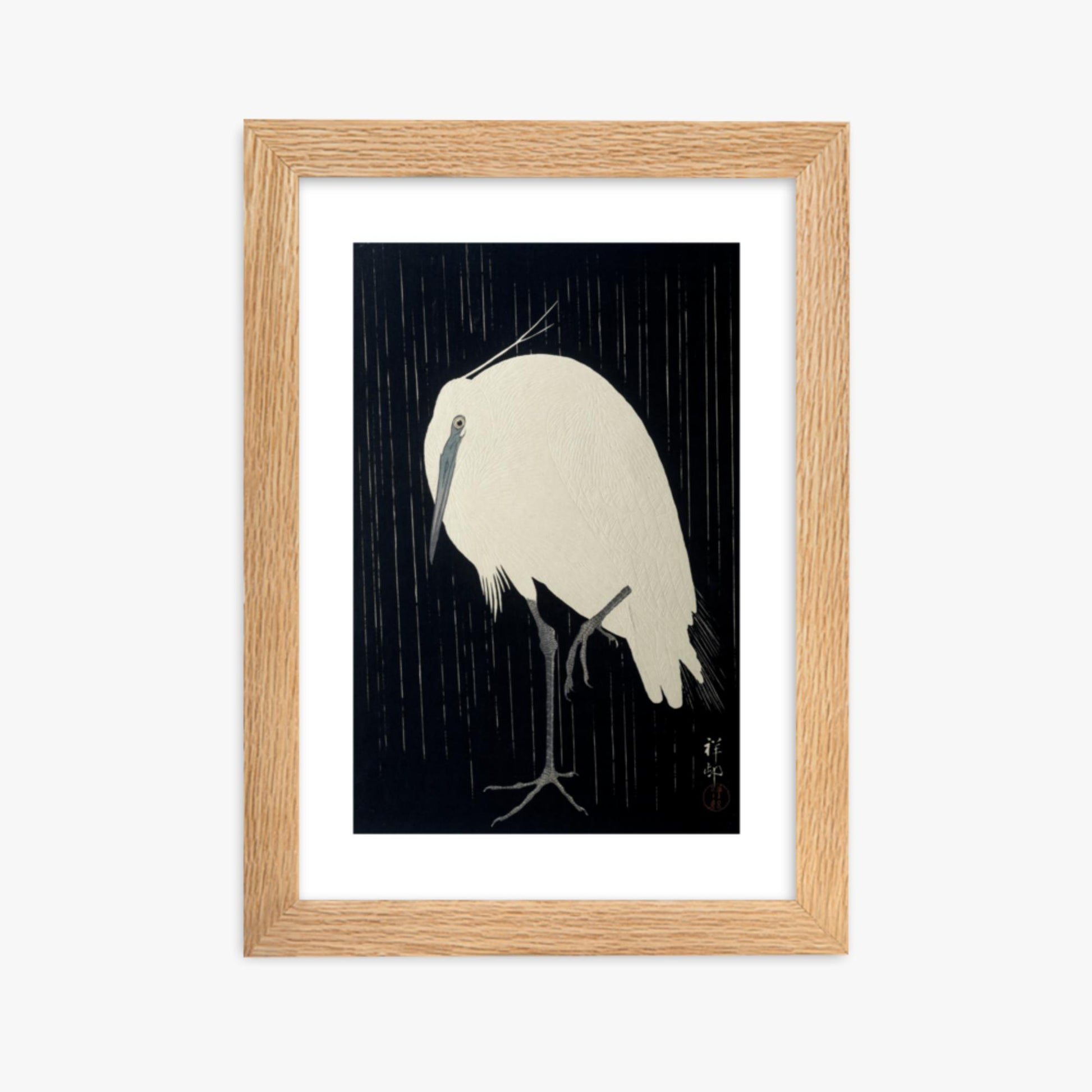 Ohara Koson: Egret in the Rain - 21x30 cm Poster With Oak Frame