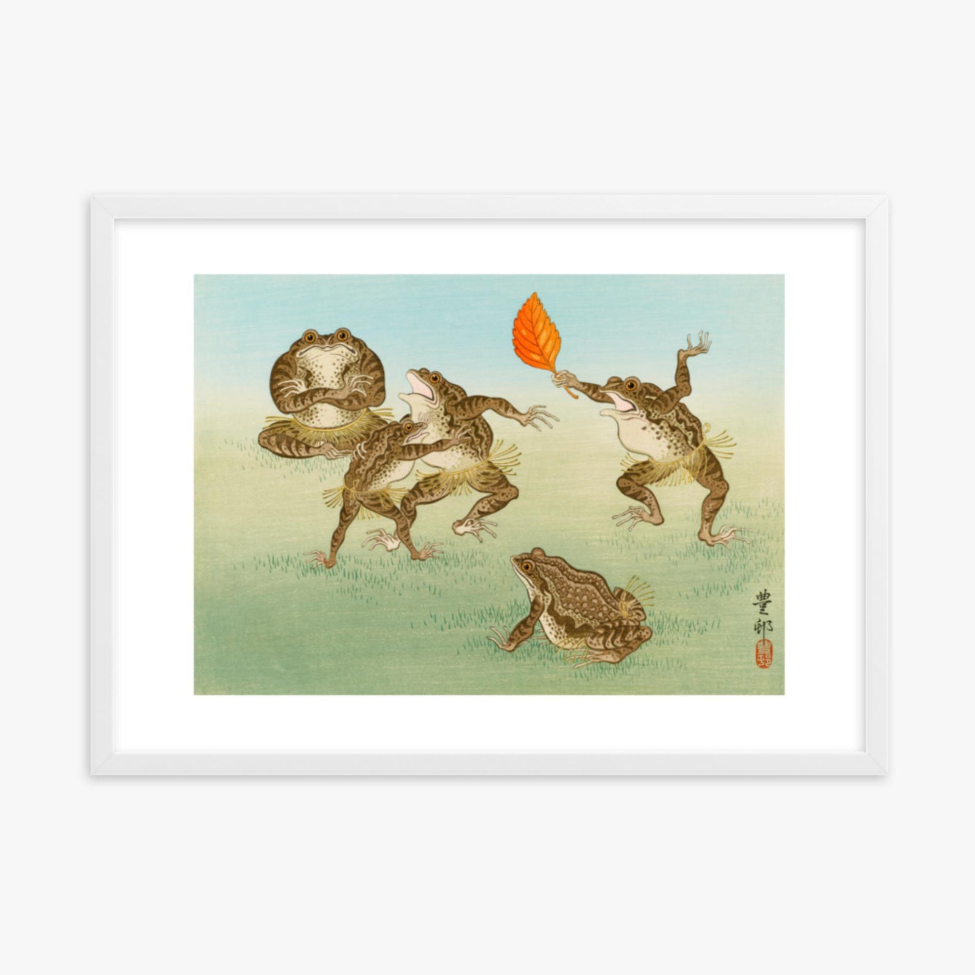 Ohara Koson: Sumo-Wrestling Toads - 50x70 cm Poster With White Frame