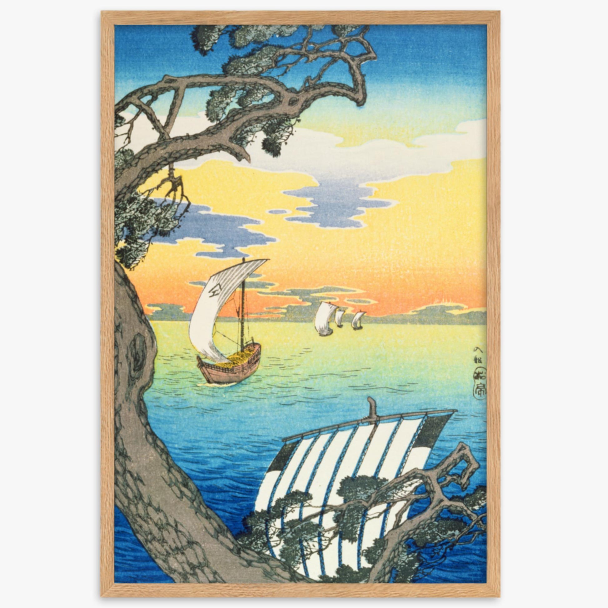 Takahashi Hiroaki: Returning Boats - 61x91 cm Poster With Oak Frame