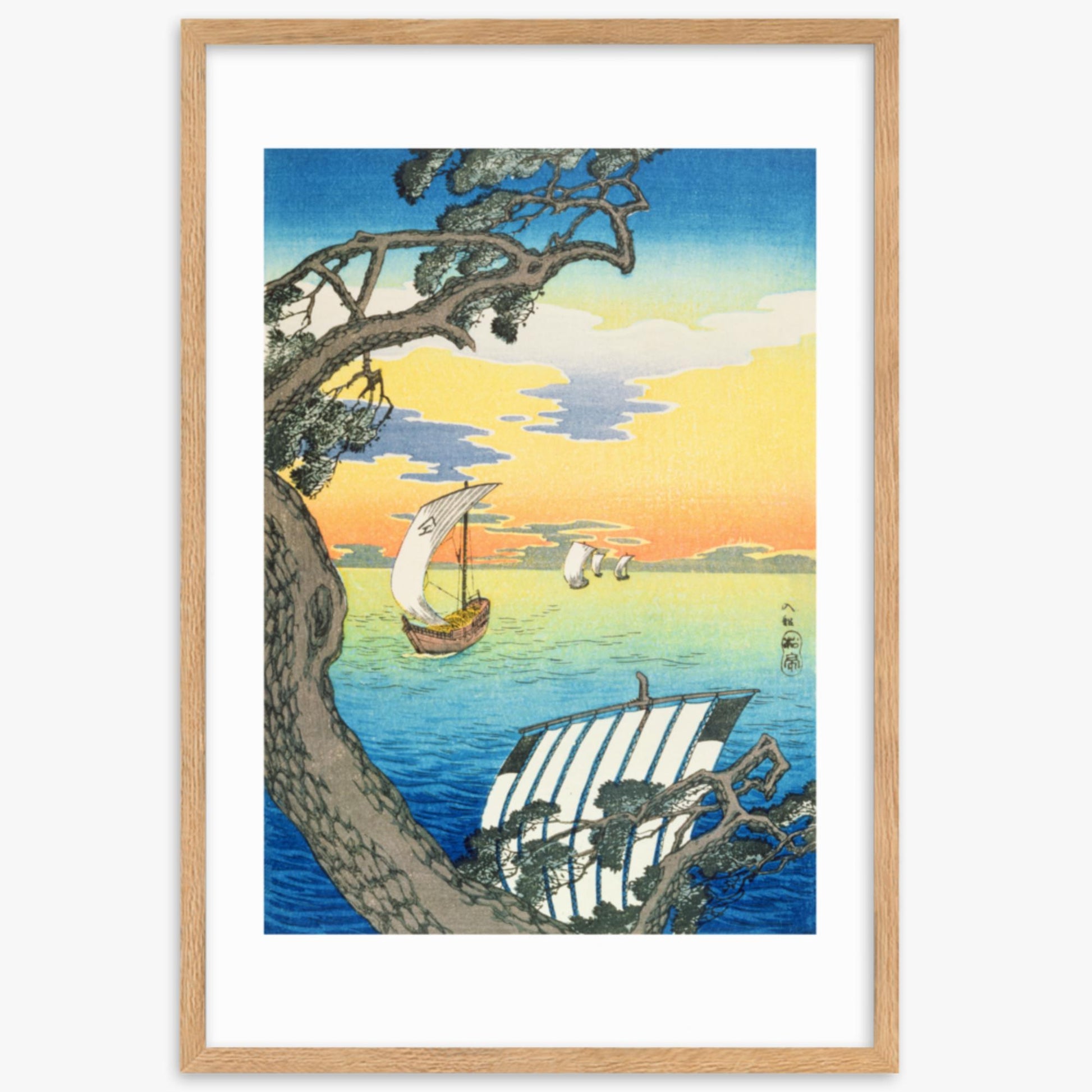 Takahashi Hiroaki: Returning Boats - 61x91 cm Poster With Oak Frame