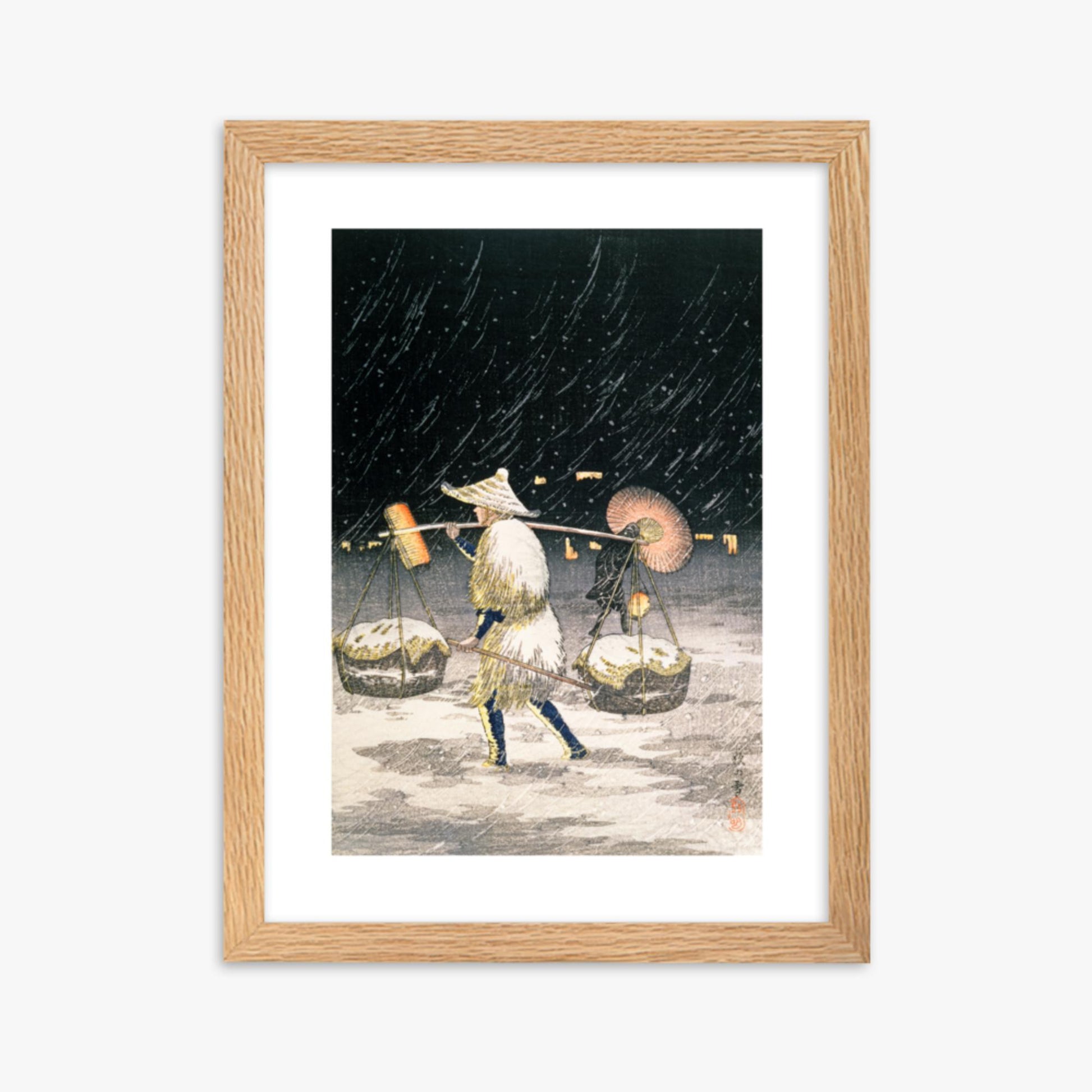 Takahashi Hiroaki: Night Snow - 30x40 cm Poster With Oak Frame