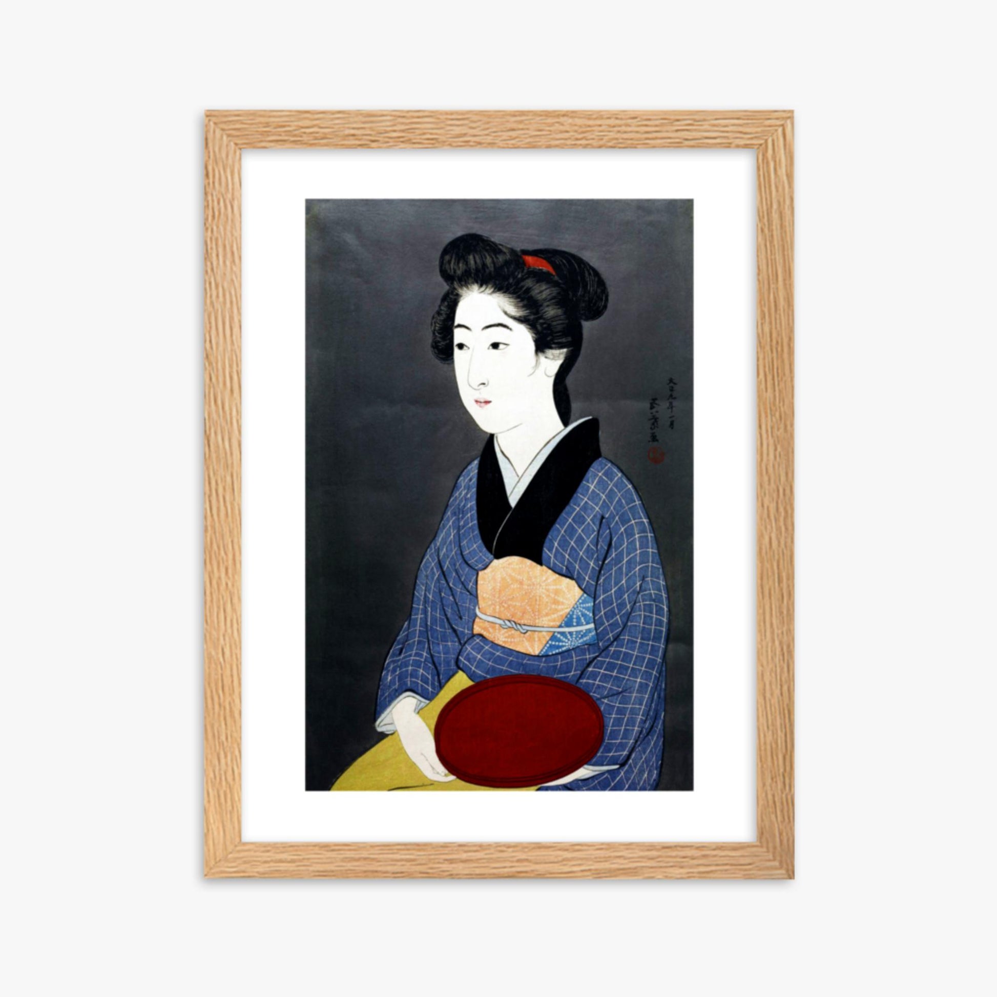 Goyō Hashiguchi: A waitress with a red tray - 30x40 cm Poster With Oak Frame