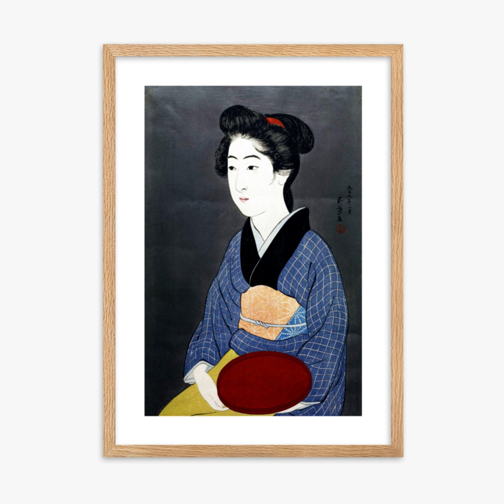 Goyō Hashiguchi: A waitress with a red tray - 50x70 cm Poster With Oak Frame