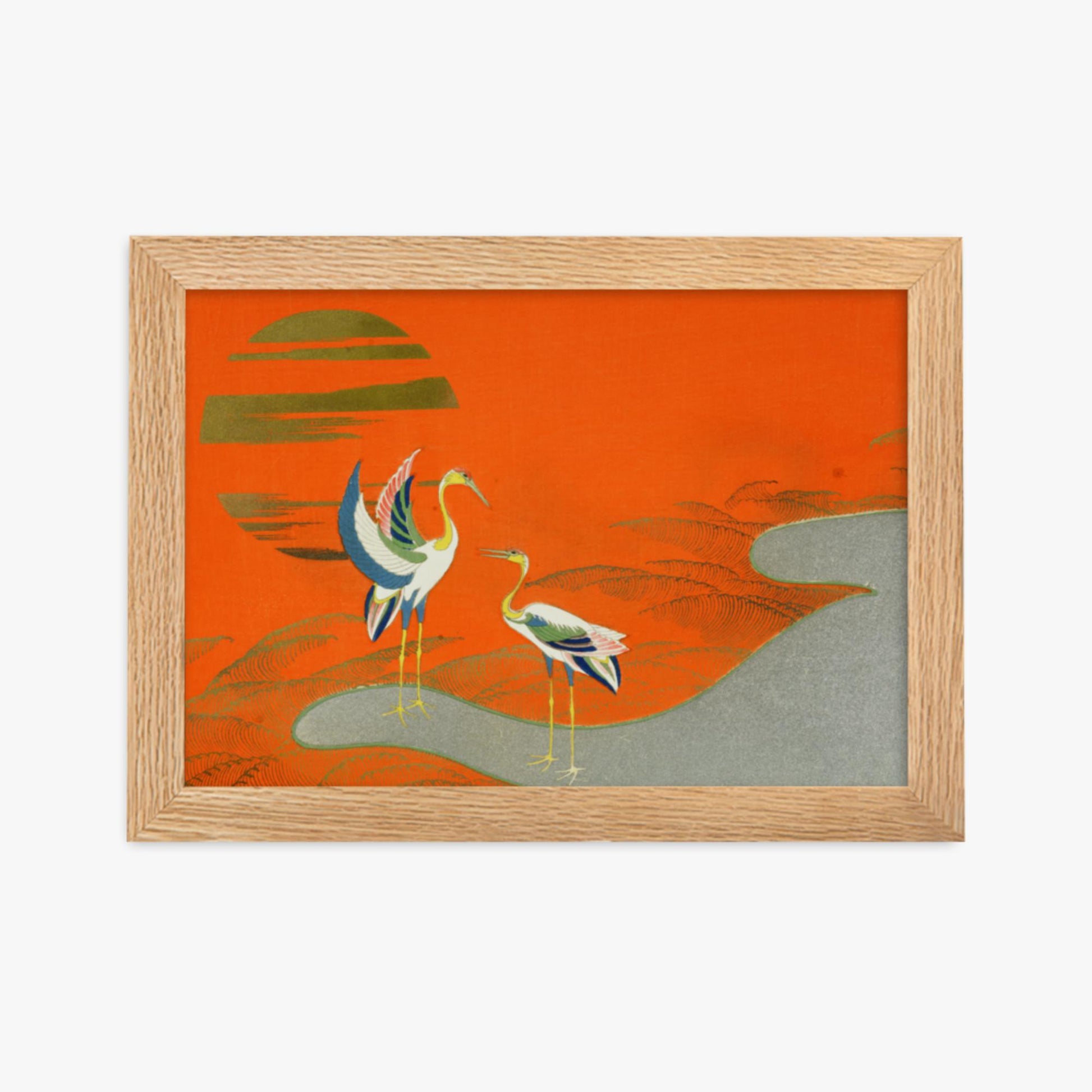 Kamisaka Sekka: Birds at sunset on the lake - 21x30 cm Poster With Oak Frame