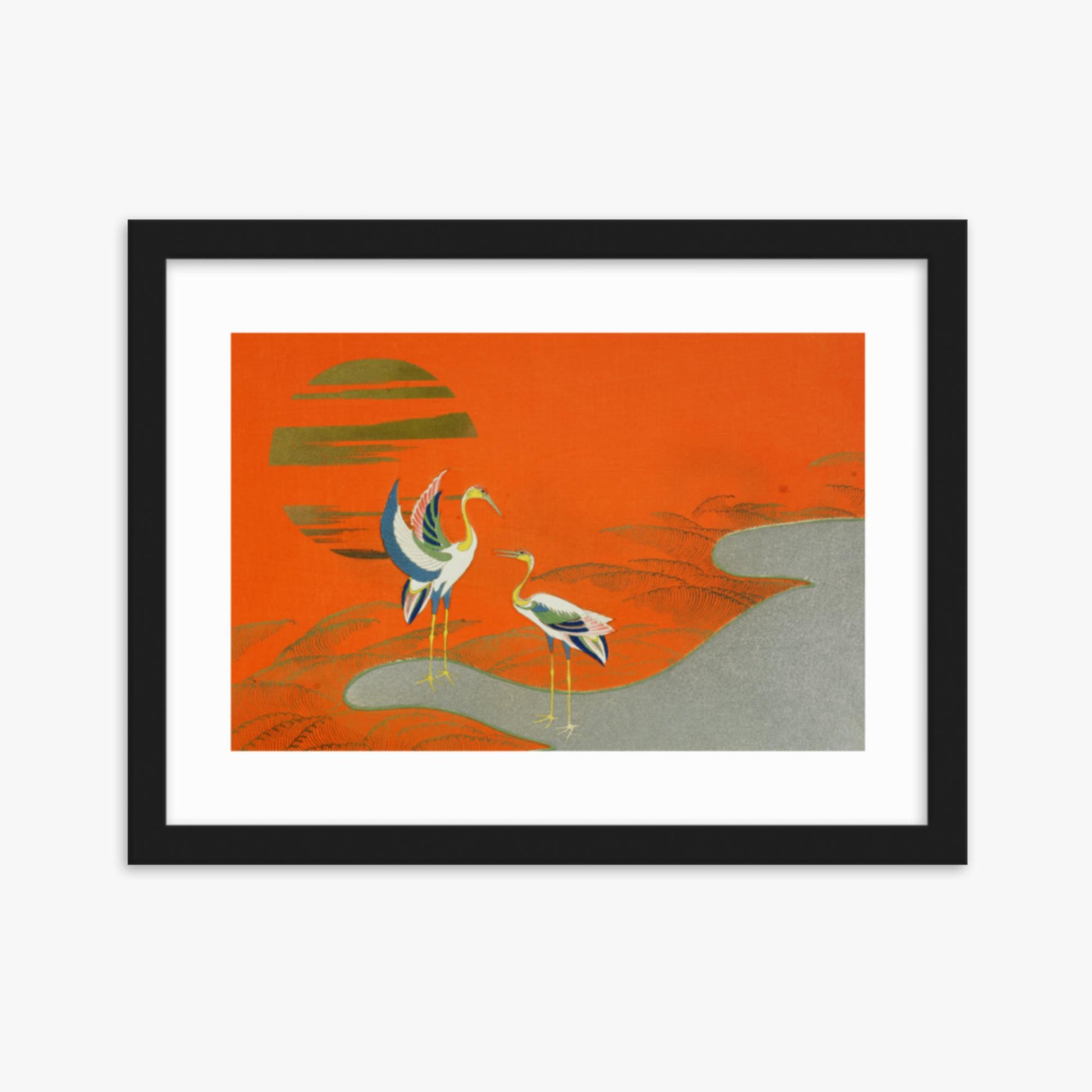 Kamisaka Sekka: Birds at sunset on the lake - 30x40 cm Poster With Black Frame