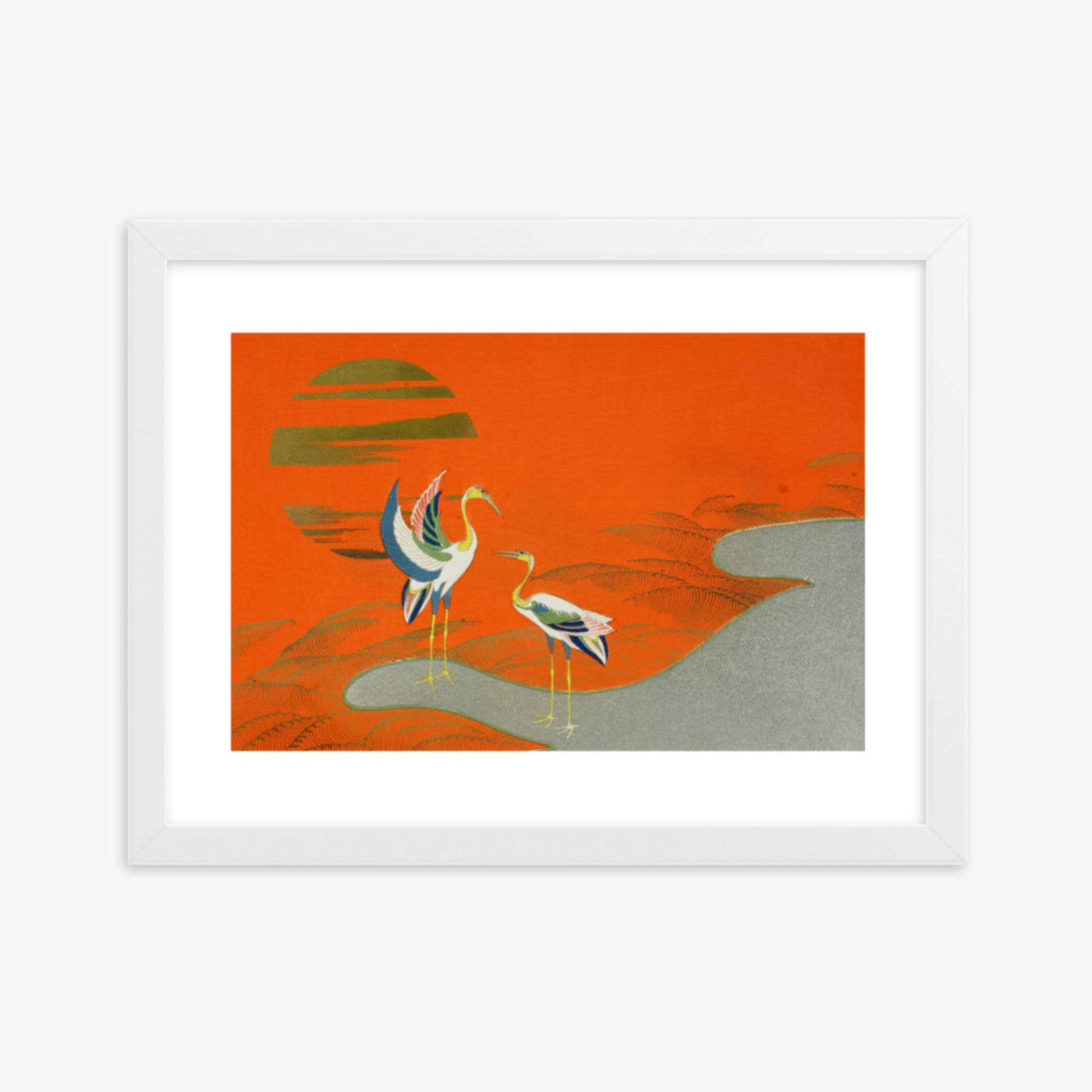 Kamisaka Sekka: Birds at sunset on the lake - 30x40 cm Poster With White Frame