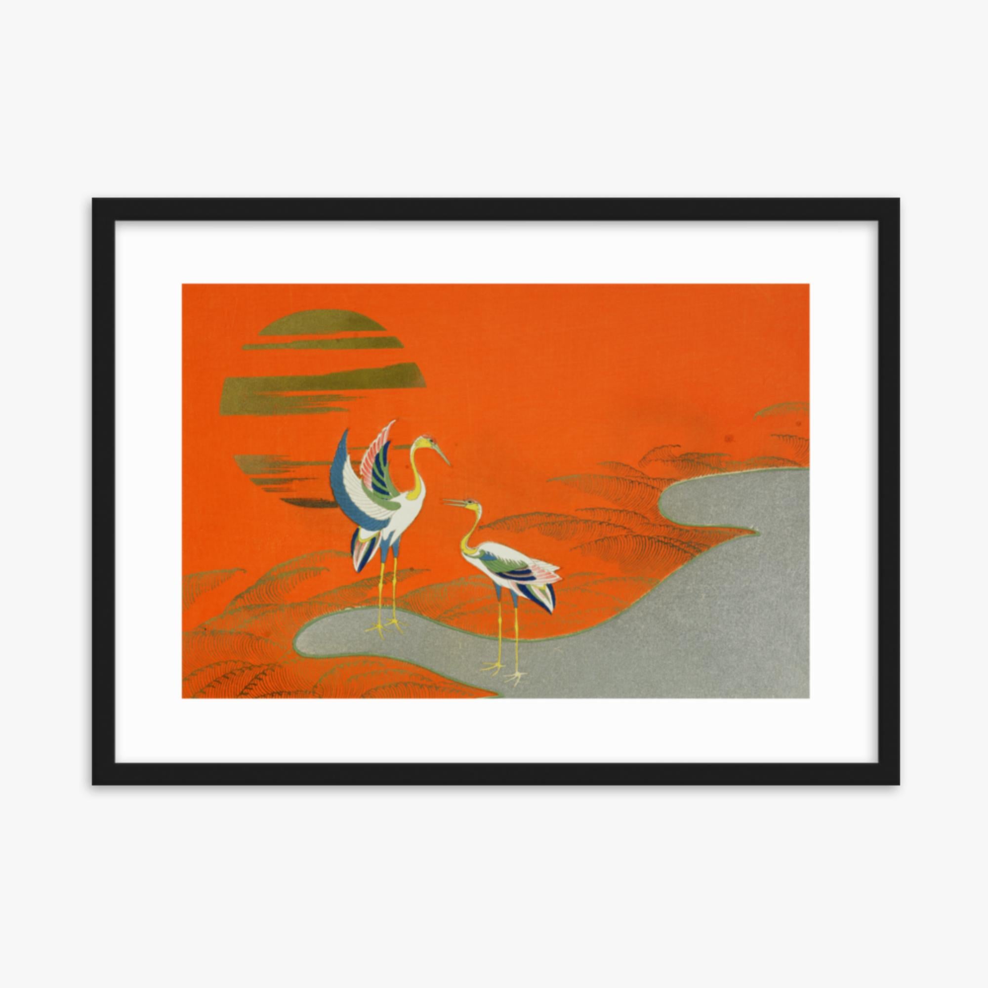 Kamisaka Sekka: Birds at sunset on the lake - 50x70 cm Poster With Black Frame