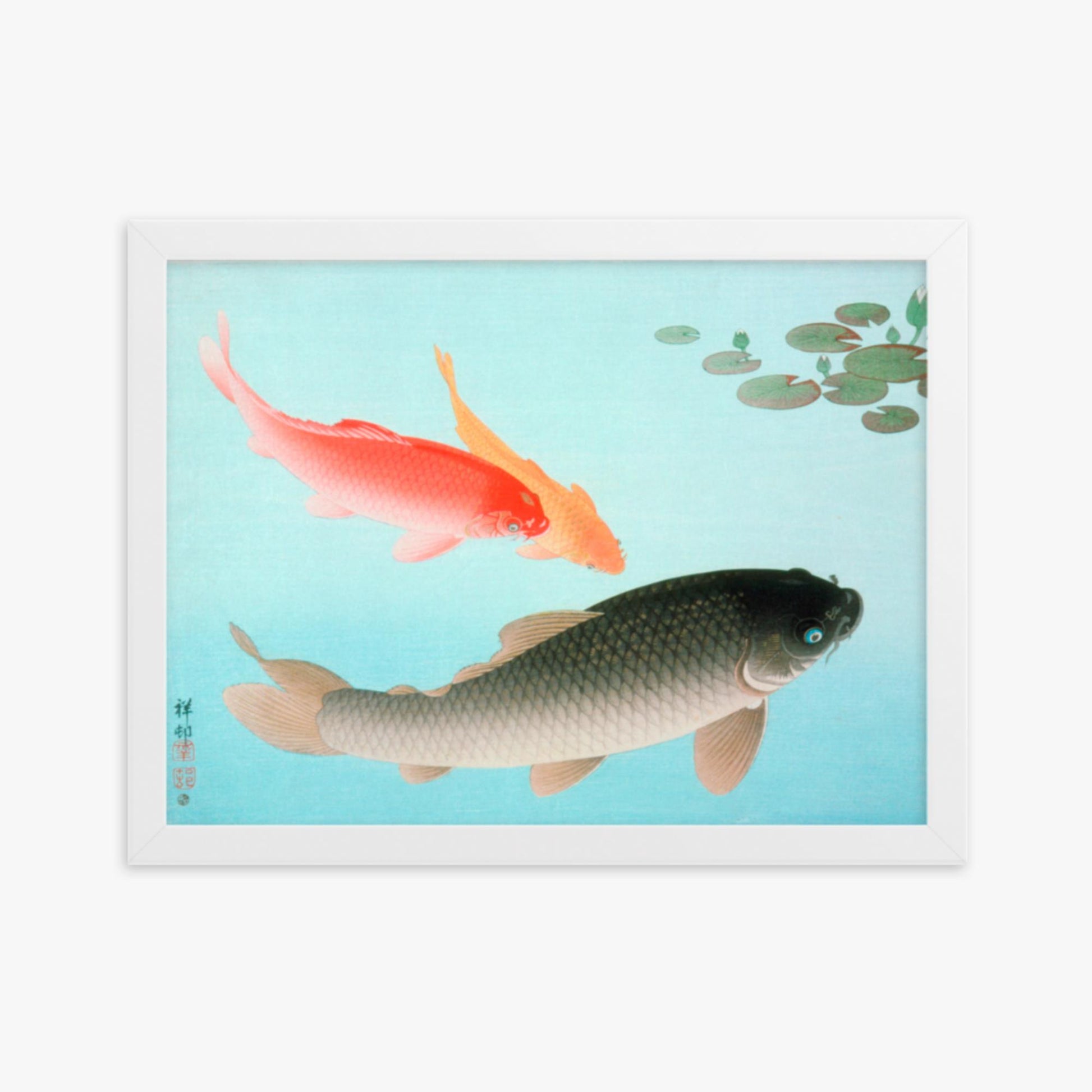 Ohara Koson - Common and Golden Carp 30x40 cm Poster With White Frame