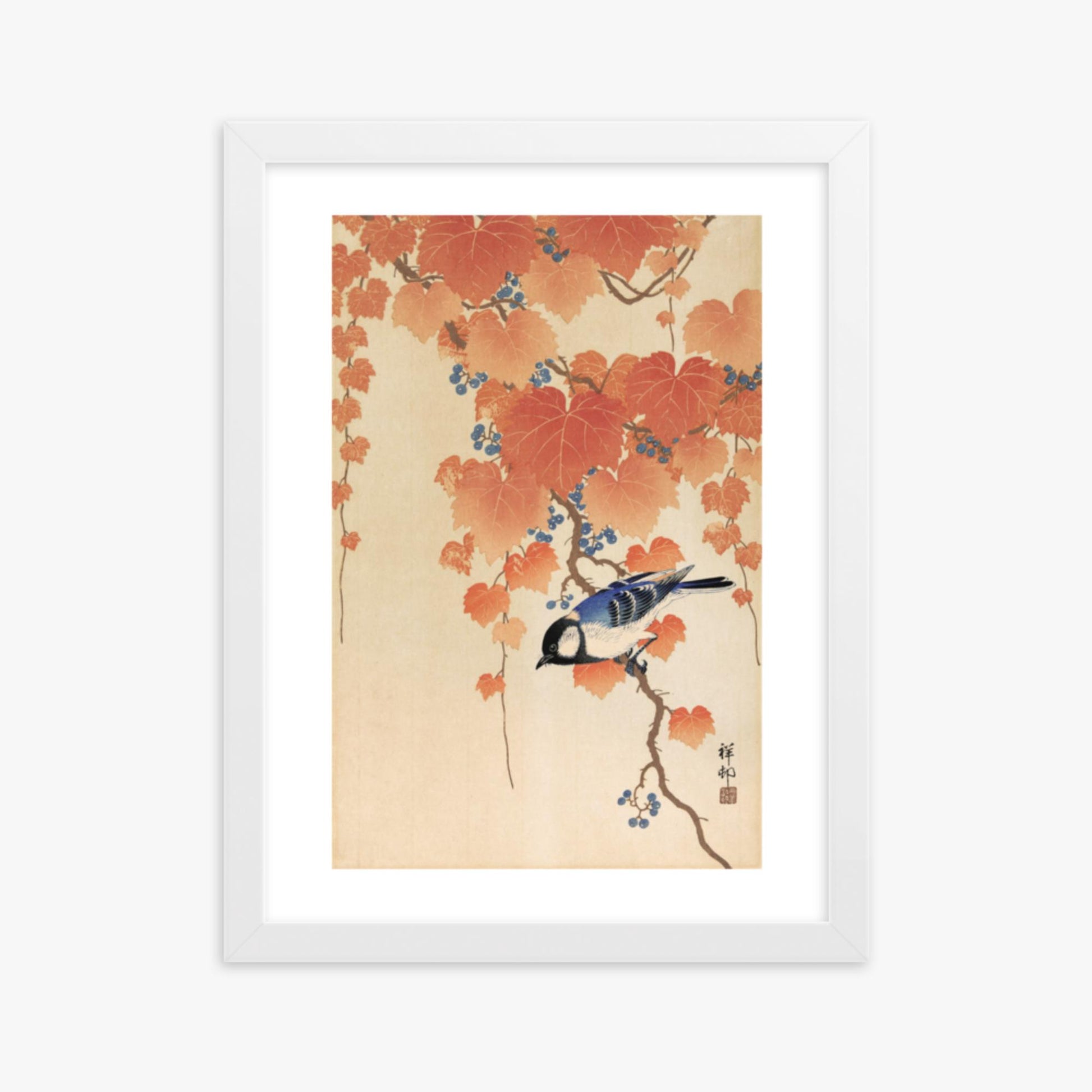 Ohara Koson - Great tit on paulownia branch 30x40 cm Poster With White Frame