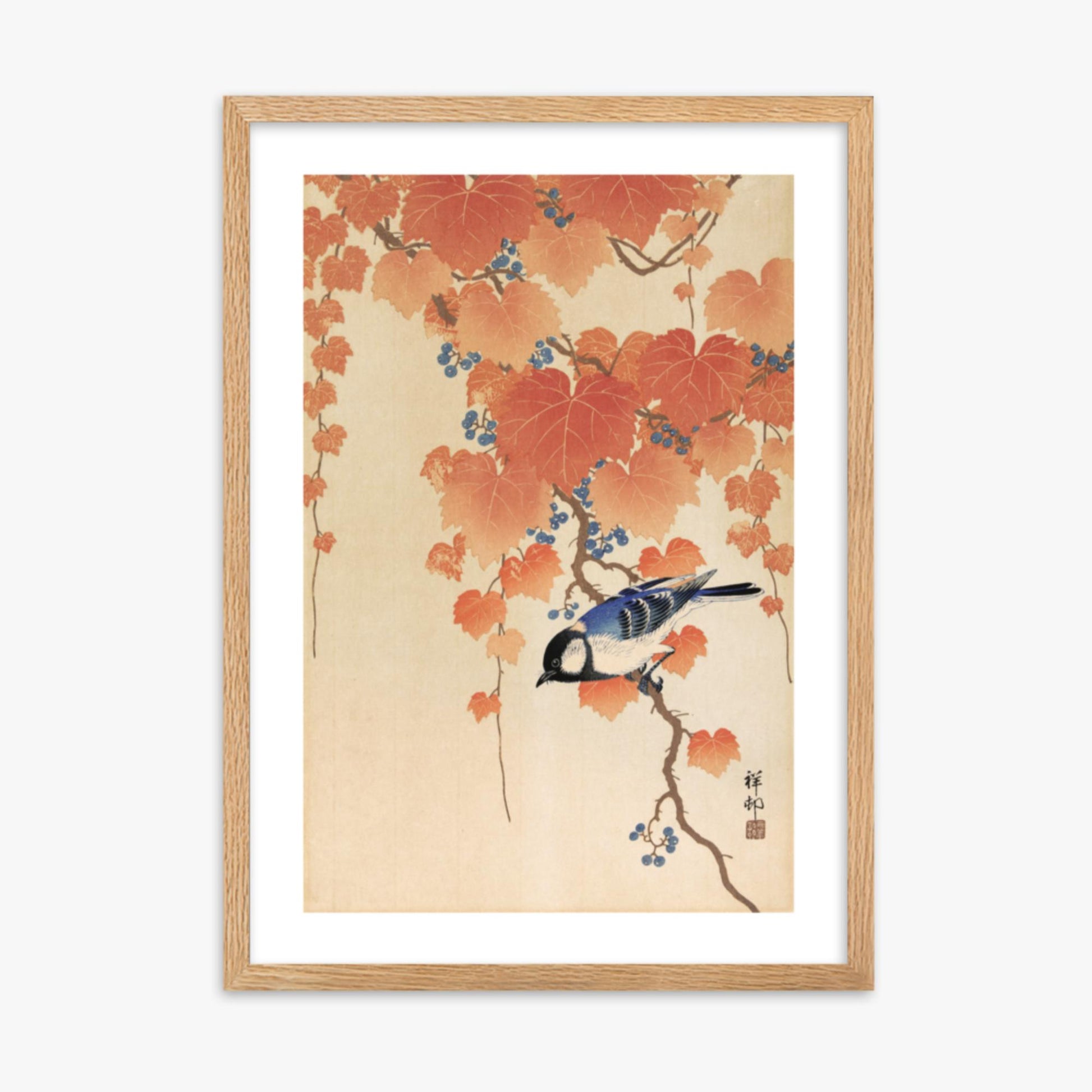 Ohara Koson - Great tit on paulownia branch 50x70 cm Poster With Oak Frame