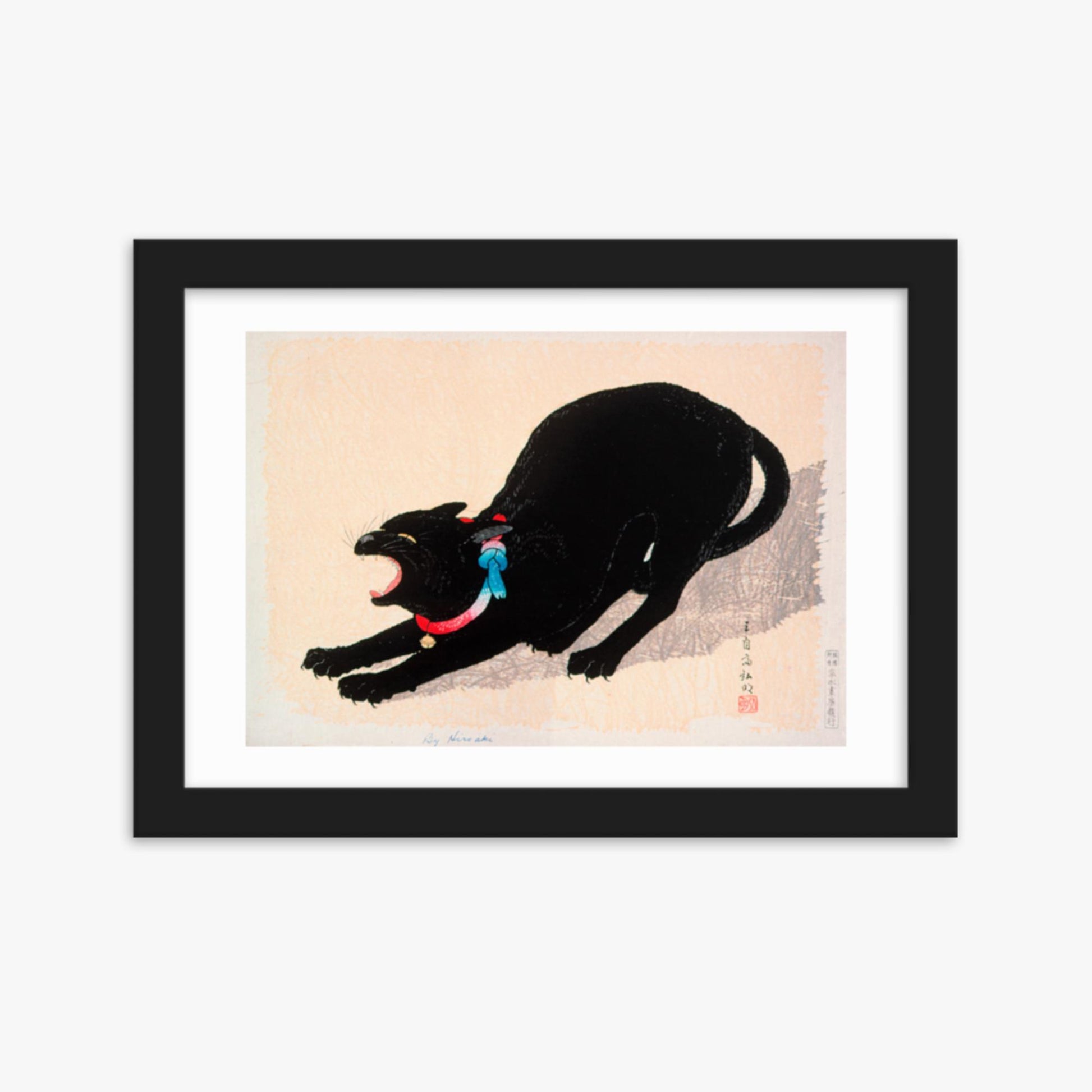 Takahashi Hiroaki (Shōtei) - Black Cat Hissing 21x30 cm Poster With Black Frame