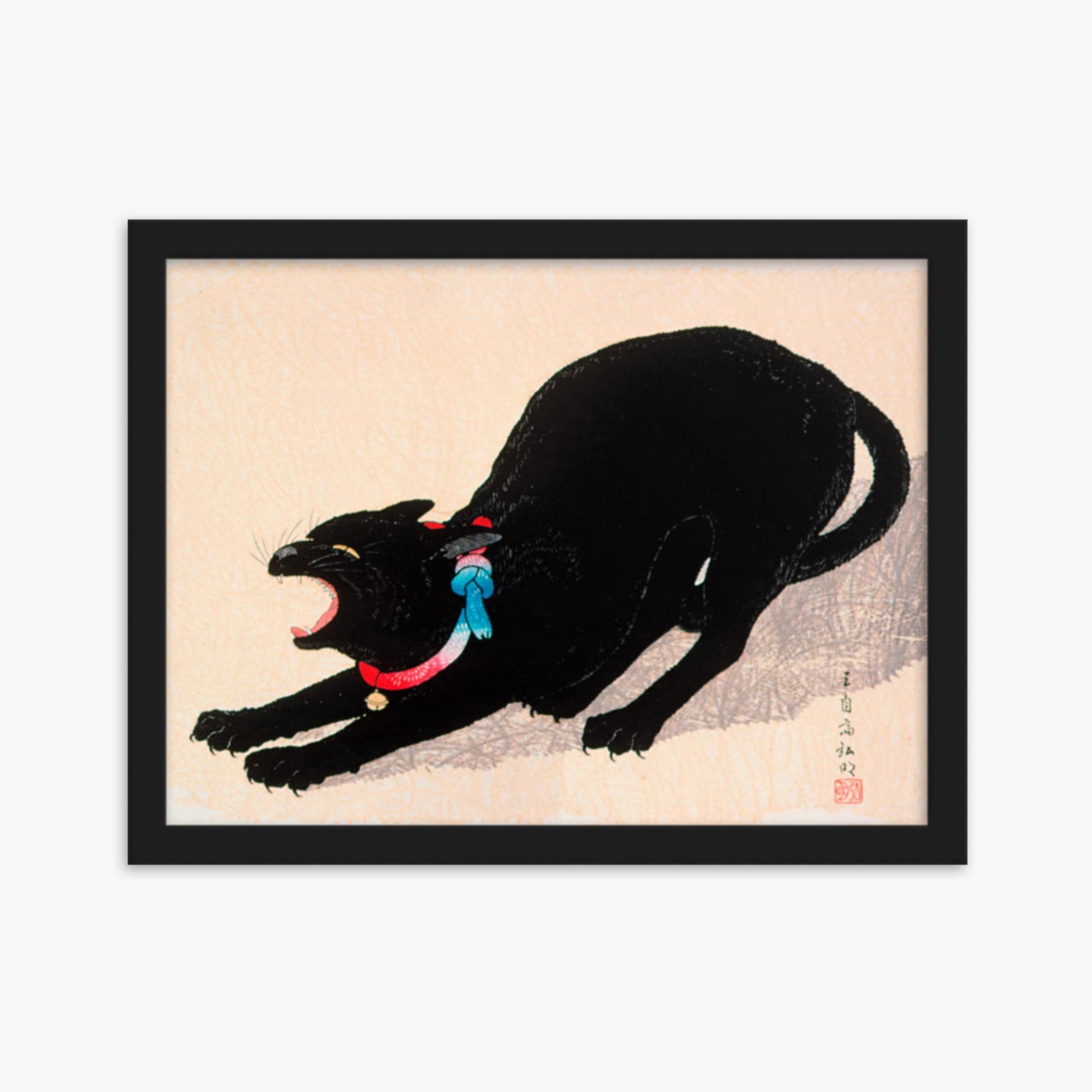 Takahashi Hiroaki (Shōtei) - Black Cat Hissing 30x40 cm Poster With Black Frame