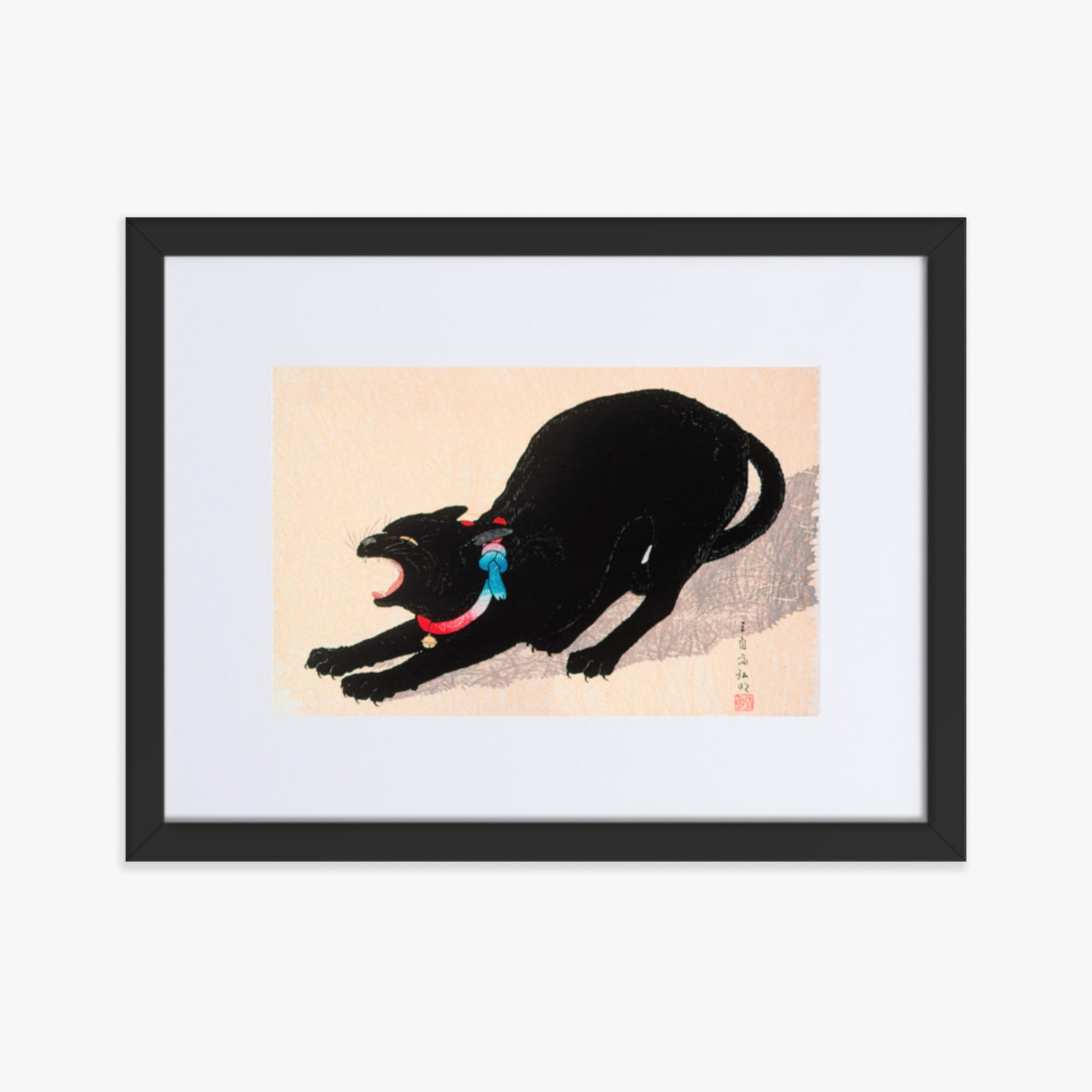 Takahashi Hiroaki (Shōtei) - Black Cat Hissing 30x40 cm Poster With Black Frame