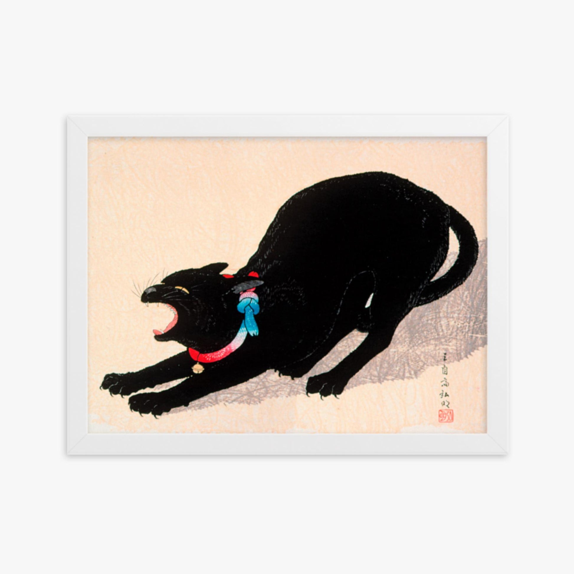 Takahashi Hiroaki (Shōtei) - Black Cat Hissing 30x40 cm Poster With White Frame