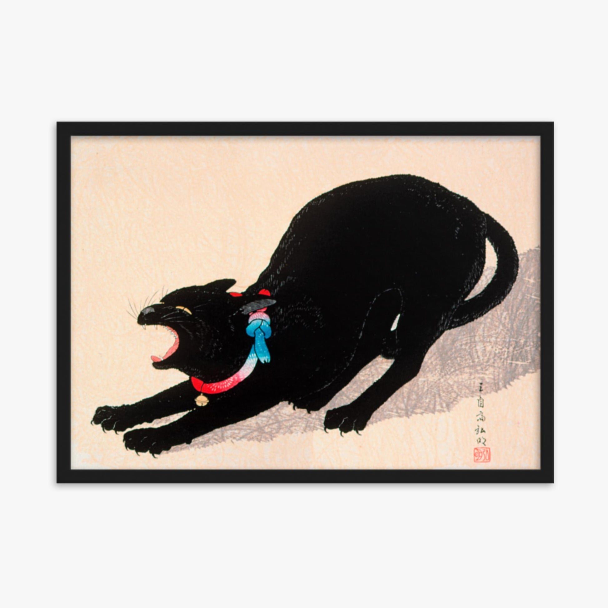 Takahashi Hiroaki (Shōtei) - Black Cat Hissing 50x70 cm Poster With Black Frame