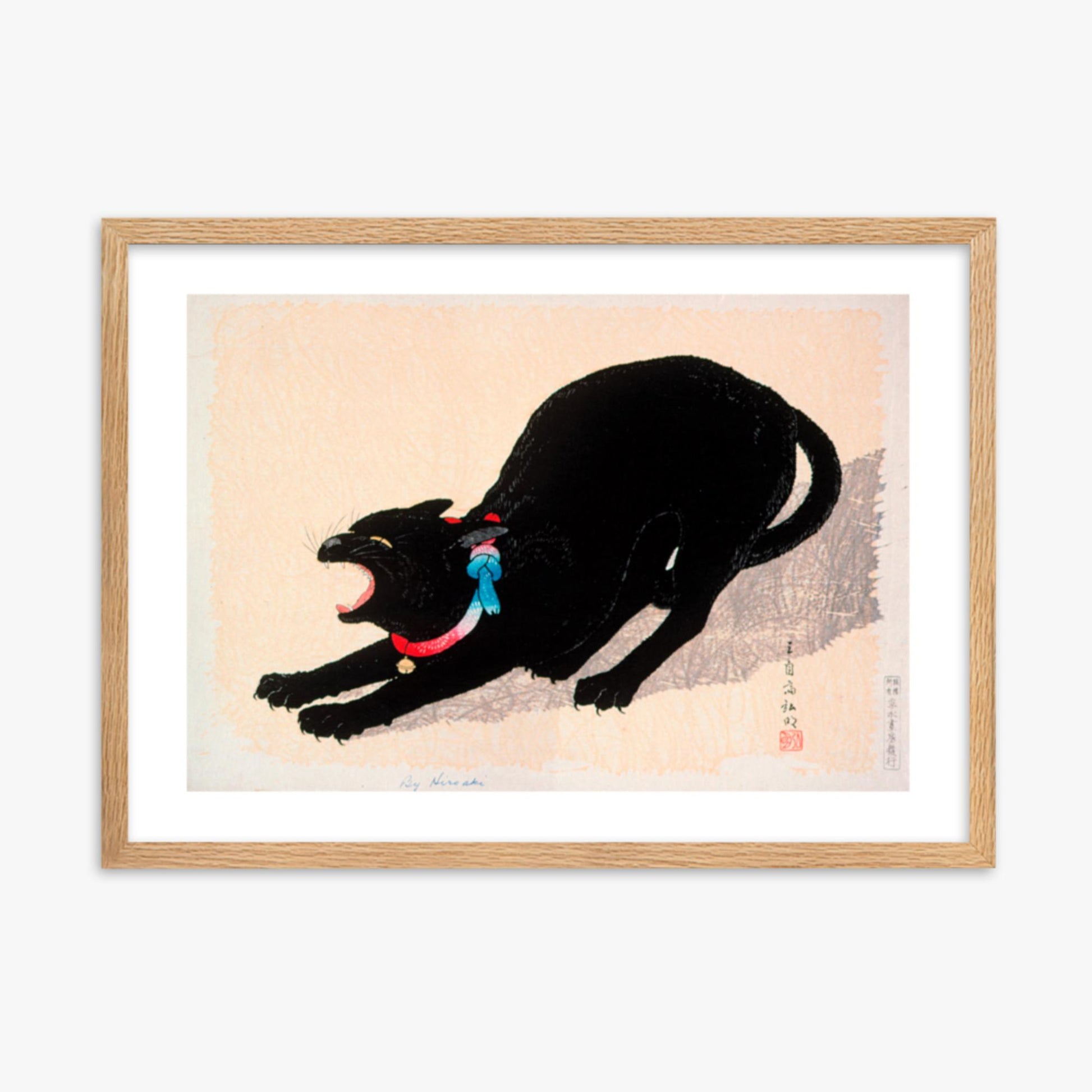 Takahashi Hiroaki (Shōtei) - Black Cat Hissing 50x70 cm Poster With Oak Frame