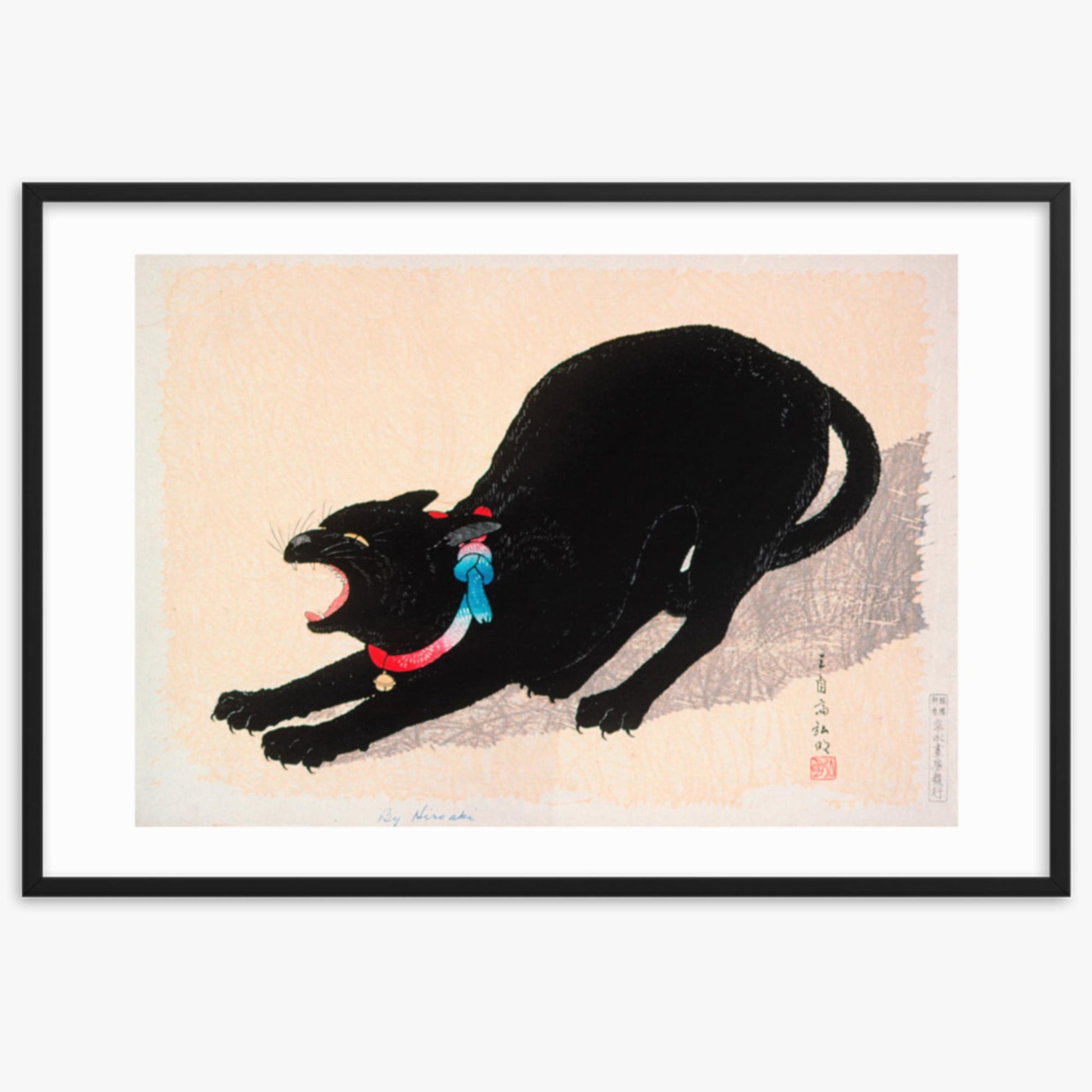 Takahashi Hiroaki (Shōtei) - Black Cat Hissing 61x91 cm Poster With Black Frame