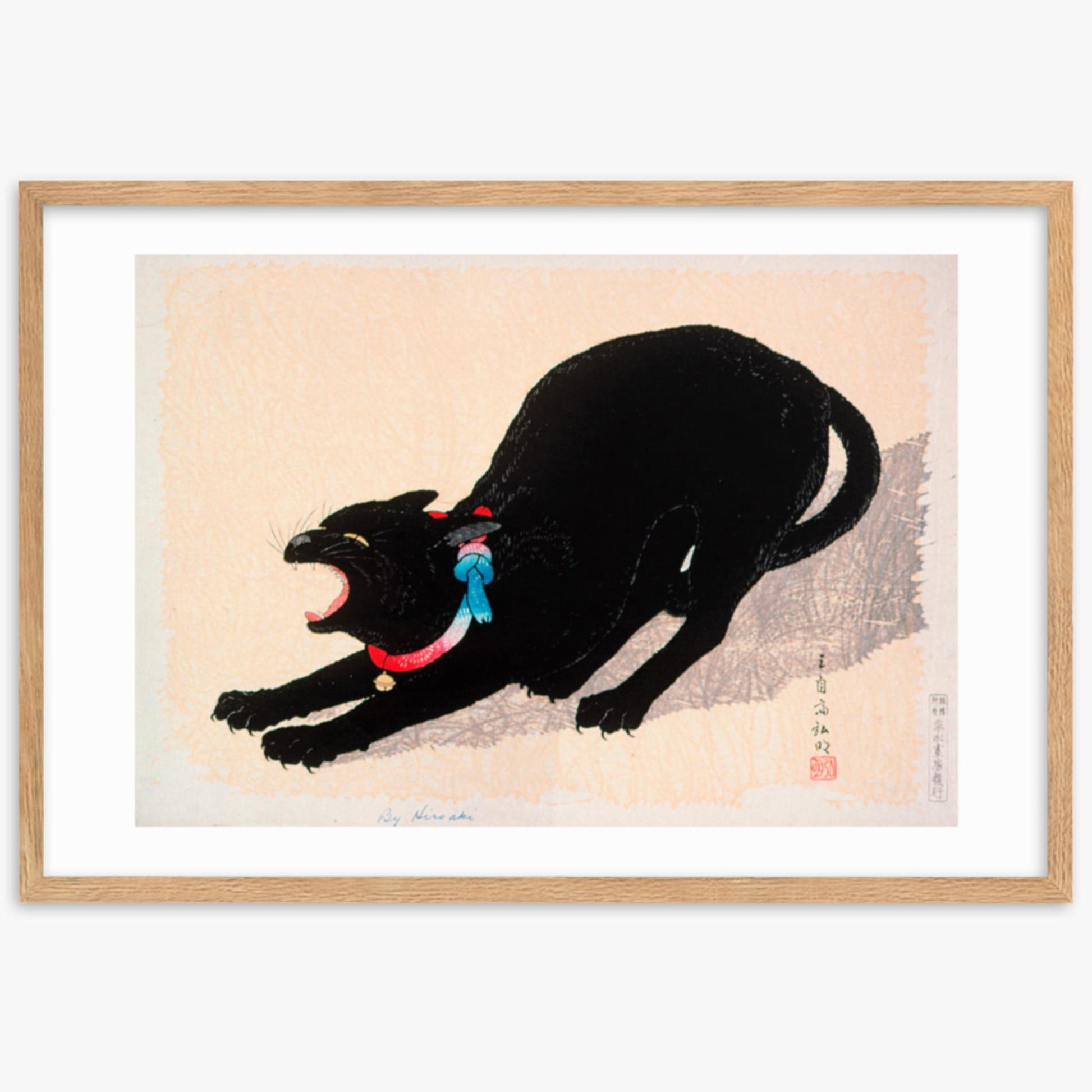 Takahashi Hiroaki (Shōtei) - Black Cat Hissing 61x91 cm Poster With Oak Frame