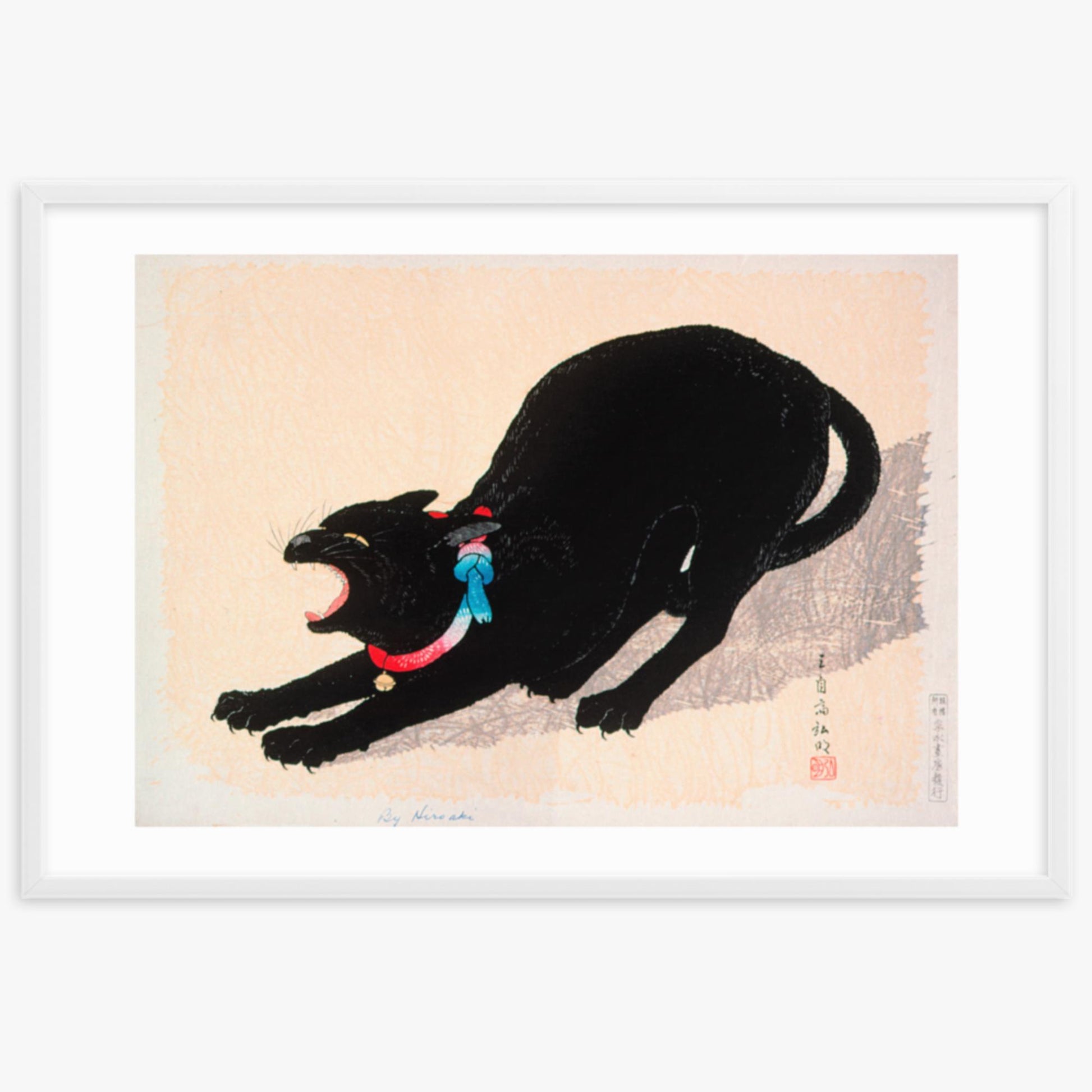 Takahashi Hiroaki (Shōtei) - Black Cat Hissing 61x91 cm Poster With White Frame