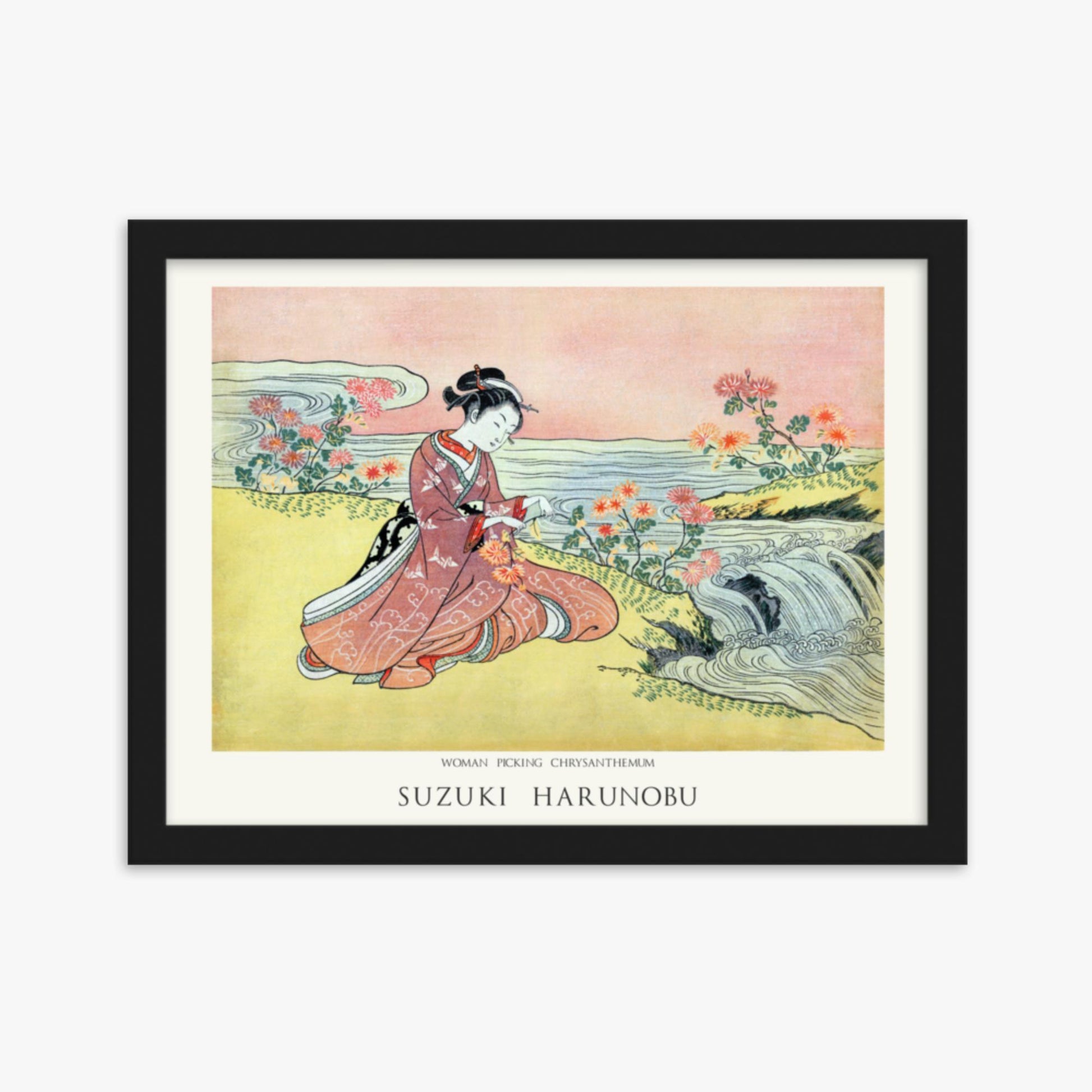 Suzuki Harunobu - Woman Picking Chrysanthemum - Decoration 30x40 cm Poster With Black Frame