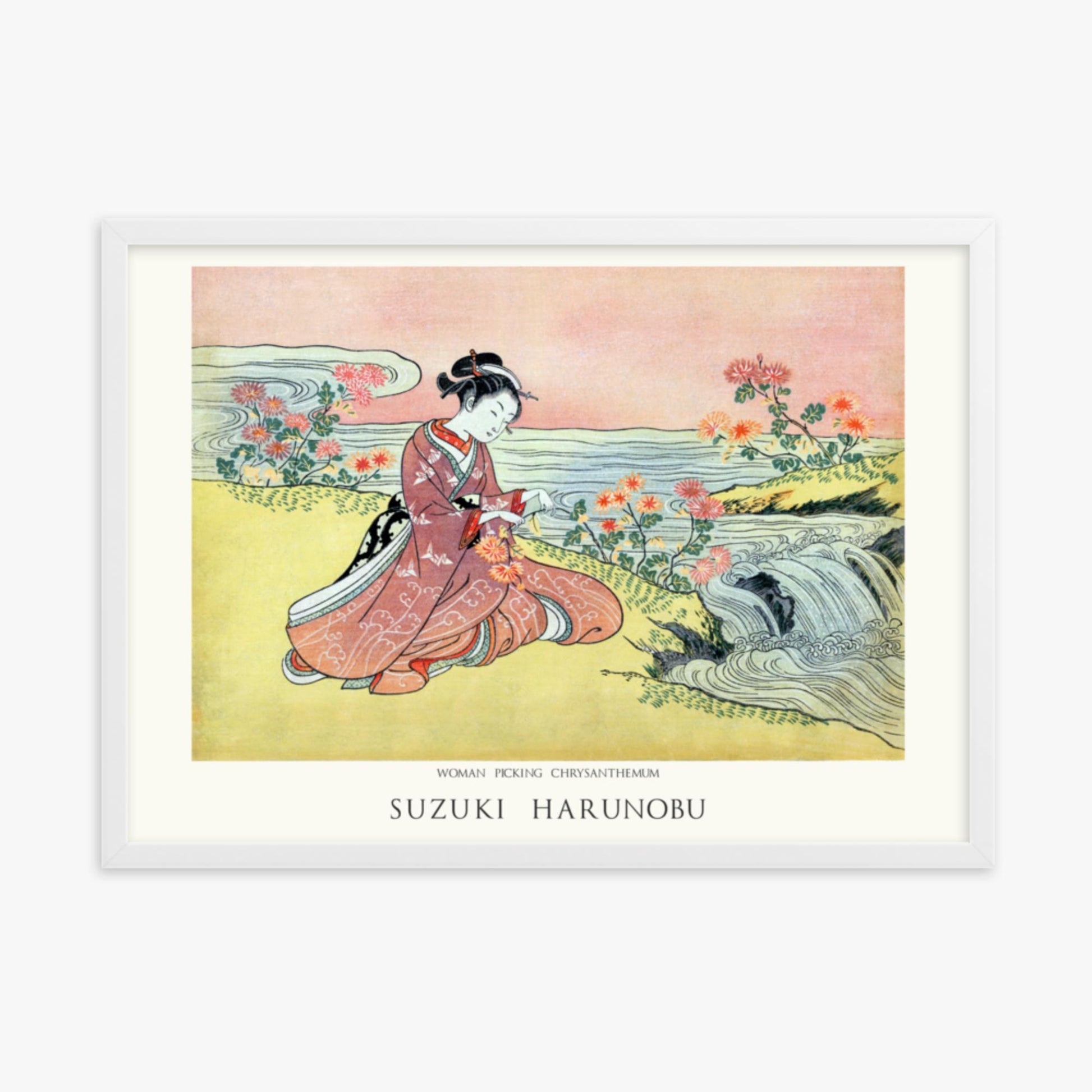 Suzuki Harunobu - Woman Picking Chrysanthemum - Decoration 50x70 cm Poster With White Frame