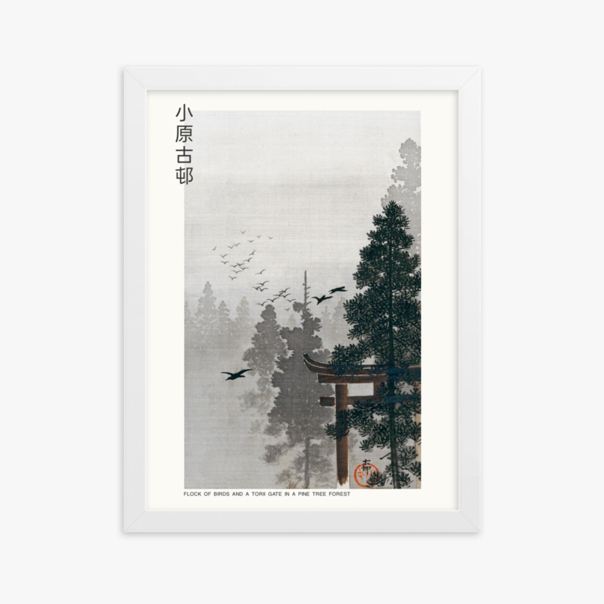 Ohara Koson - Flock of Birds and a Torii Gate in a Pine Tree Forest - Decoration 30x40 cm Poster With White Frame