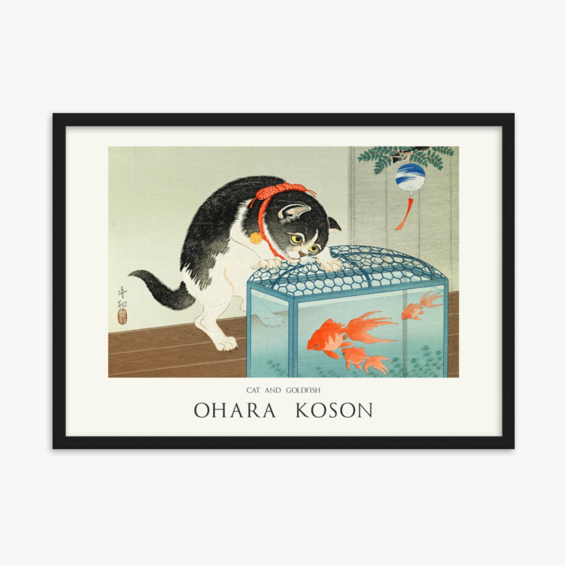 Ohara Koson: Cat and Goldfish - Japandi - 50x70 cm Poster With Black Frame