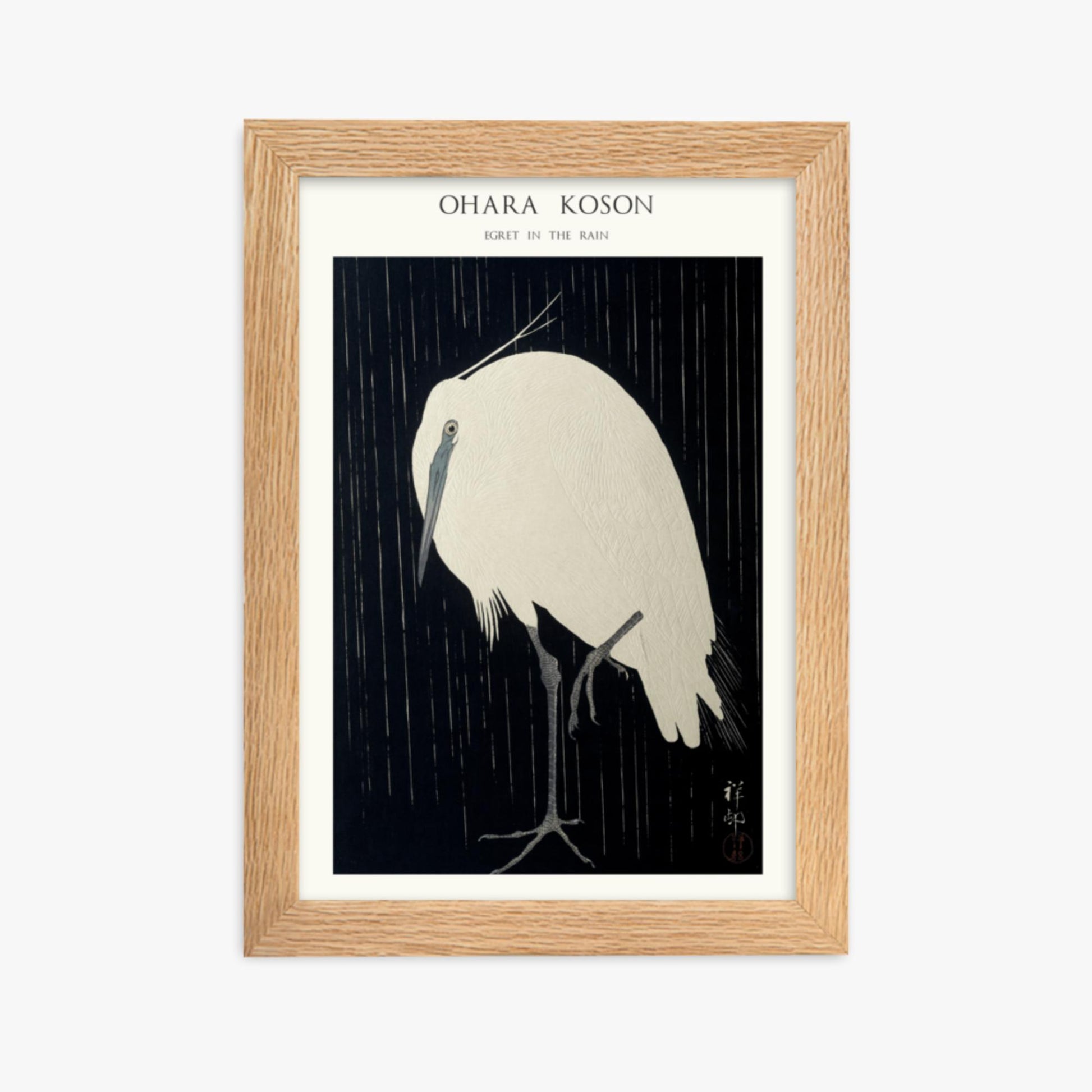 Ohara Koson: Egret in the Rain - Japandi - 21x30 cm Poster With Oak Frame