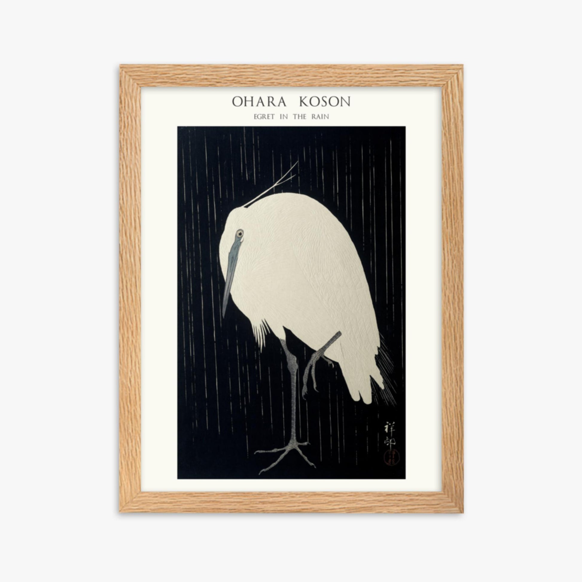 Ohara Koson: Egret in the Rain - Japandi - 30x40 cm Poster With Oak Frame